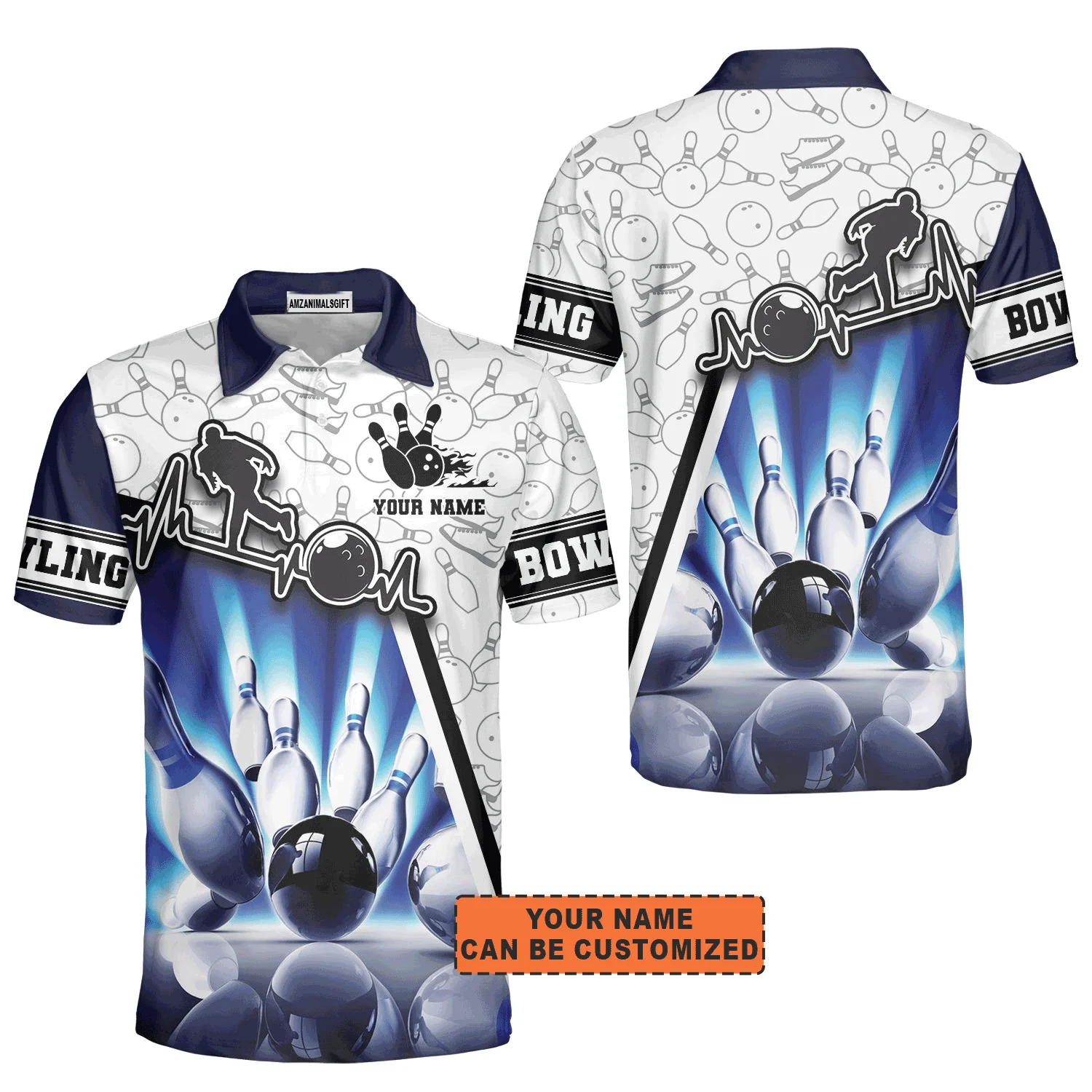 Customized Bowling Men Polo Shirt, Personalized Men Bowling White & Blue Pattern Polo Shirt For Men, Bowling Lovers - Image 2