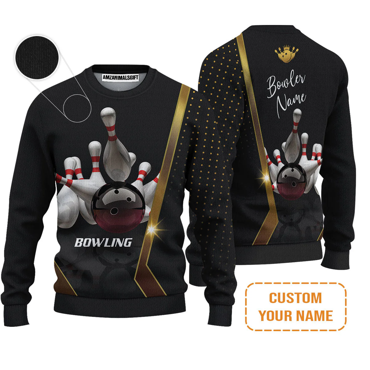 Customized Bowling Men's Long Sleeve Polo Shirt, Black And Golden Pattern Personalized Bowling Long Sleeve Polo Shirt - Image 4