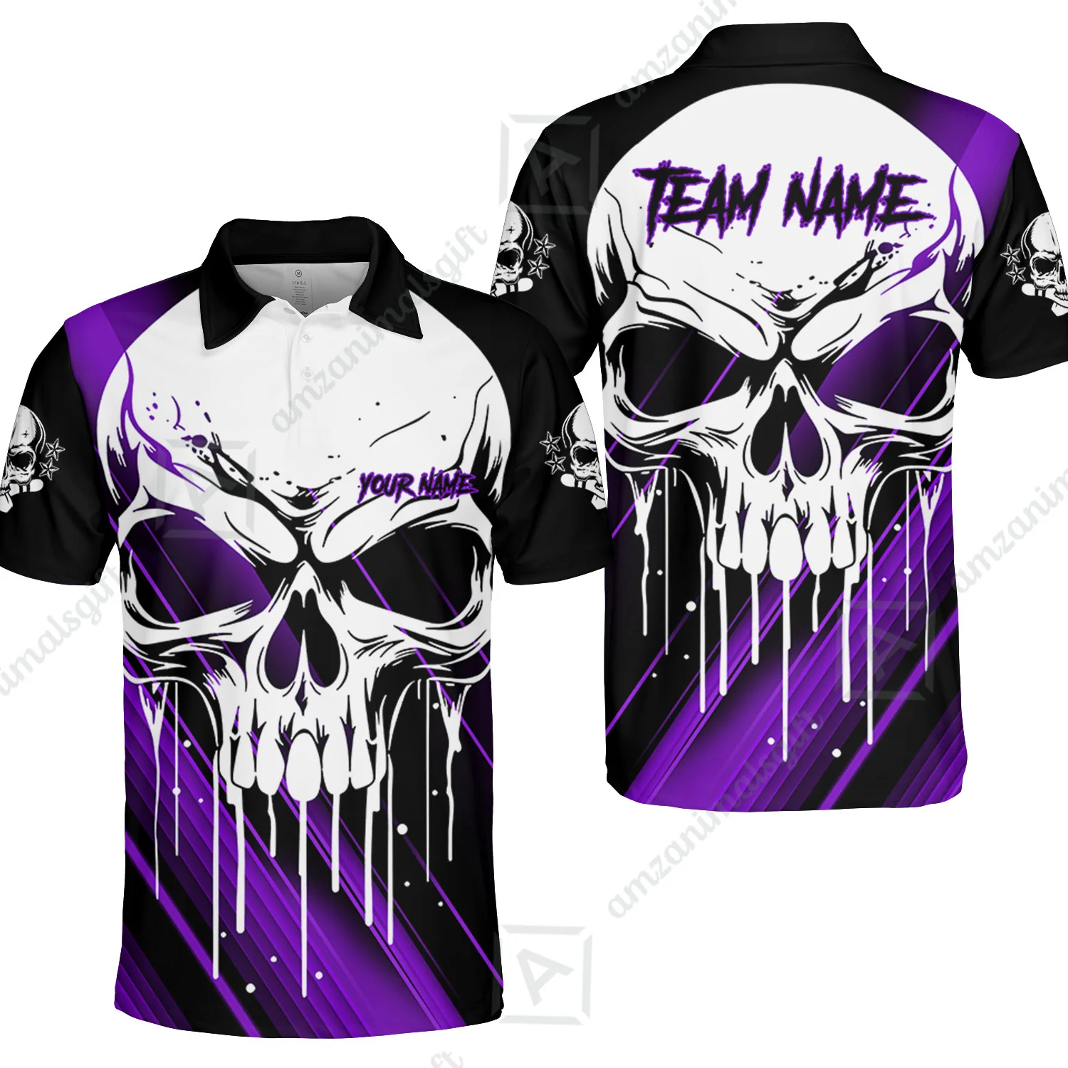 Customized Bowling Polo, Blue Skull Bowling Creepy Style Bowling jerseys Custom Name And Team Shirt - Image 10