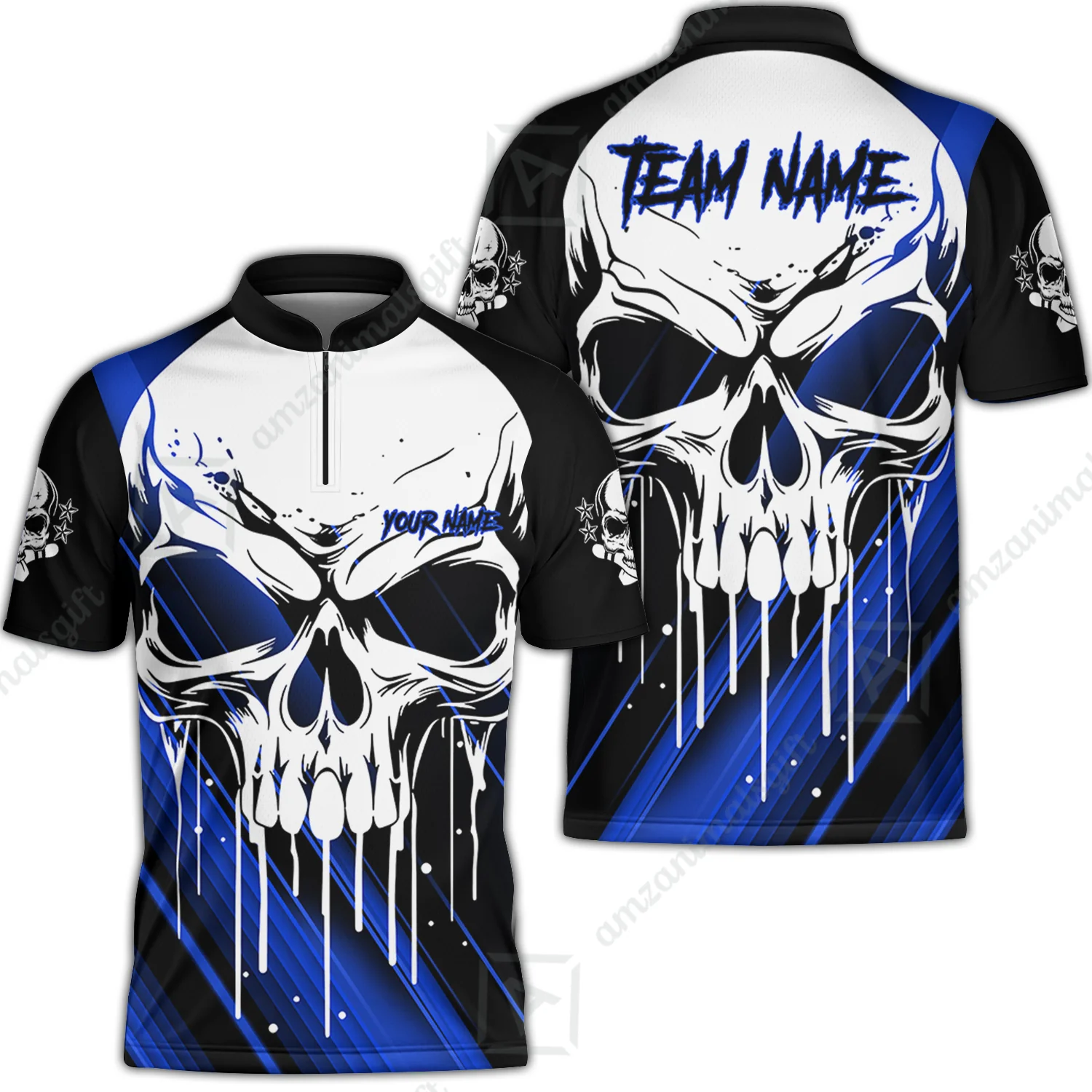 Customized Bowling Polo, Blue Skull Bowling Creepy Style Bowling jerseys Custom Name And Team Shirt - Image 2