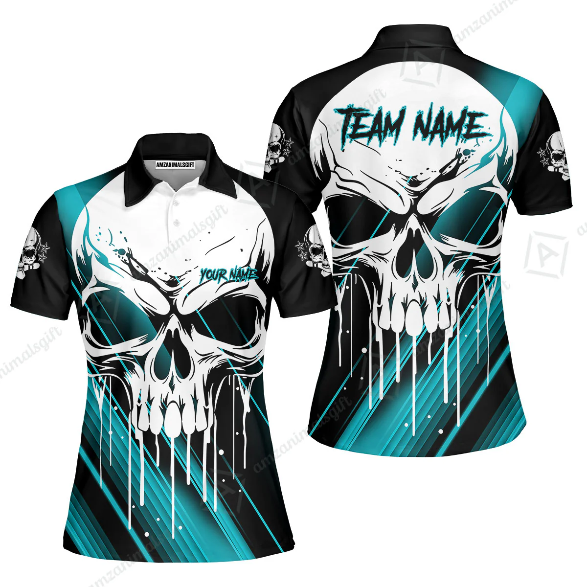 Customized Bowling Polo, Blue Skull Bowling Creepy Style Bowling jerseys Custom Name And Team Shirt - Image 20