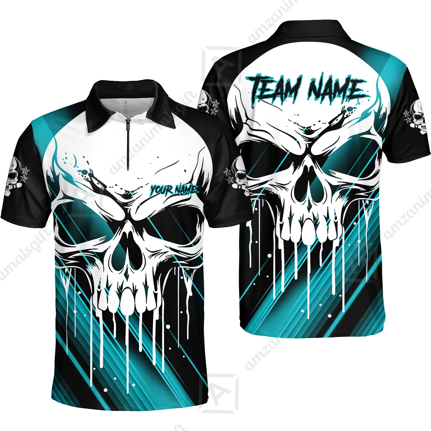 Customized Bowling Polo, Blue Skull Bowling Creepy Style Bowling jerseys Custom Name And Team Shirt - Image 21