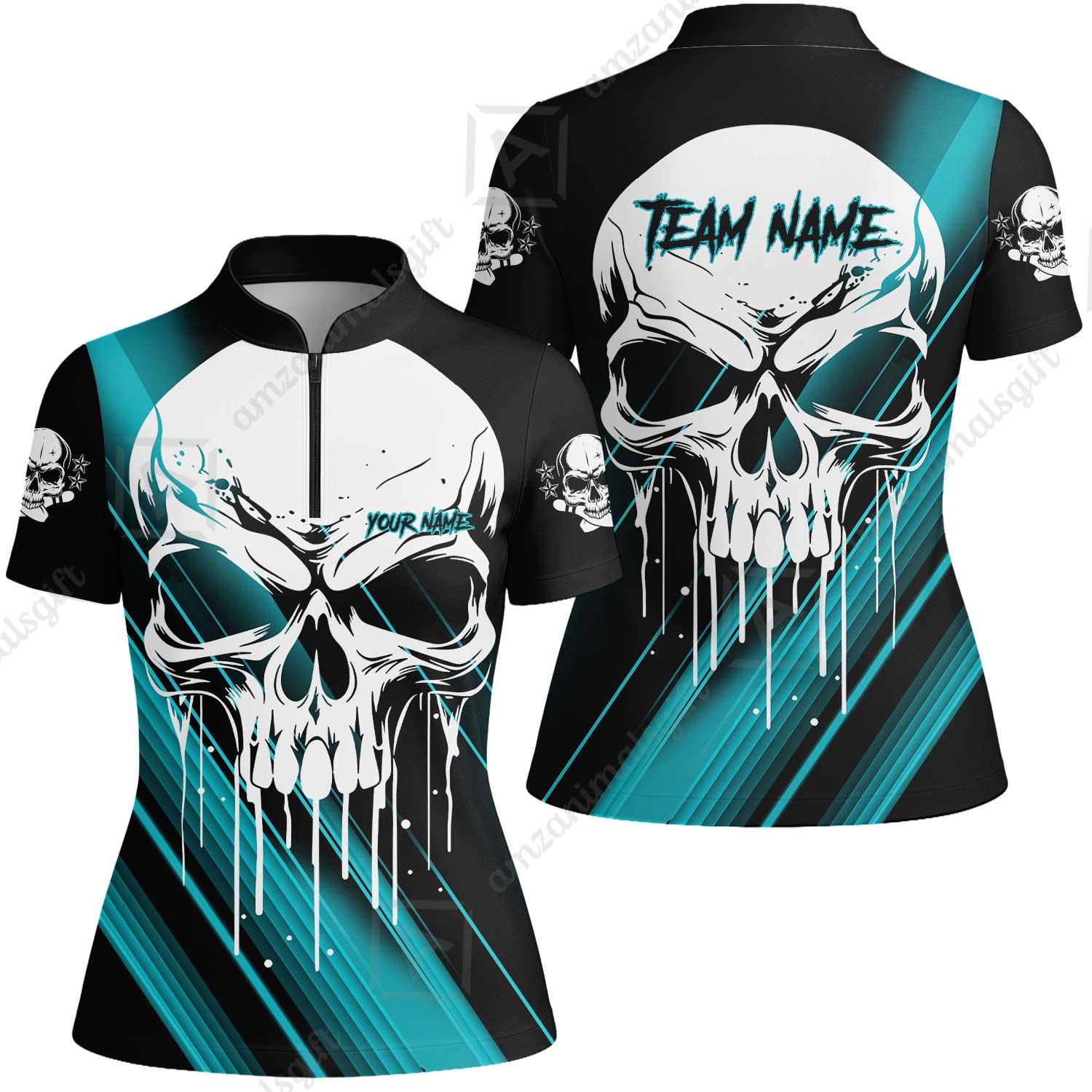 Customized Bowling Polo, Blue Skull Bowling Creepy Style Bowling jerseys Custom Name And Team Shirt - Image 34