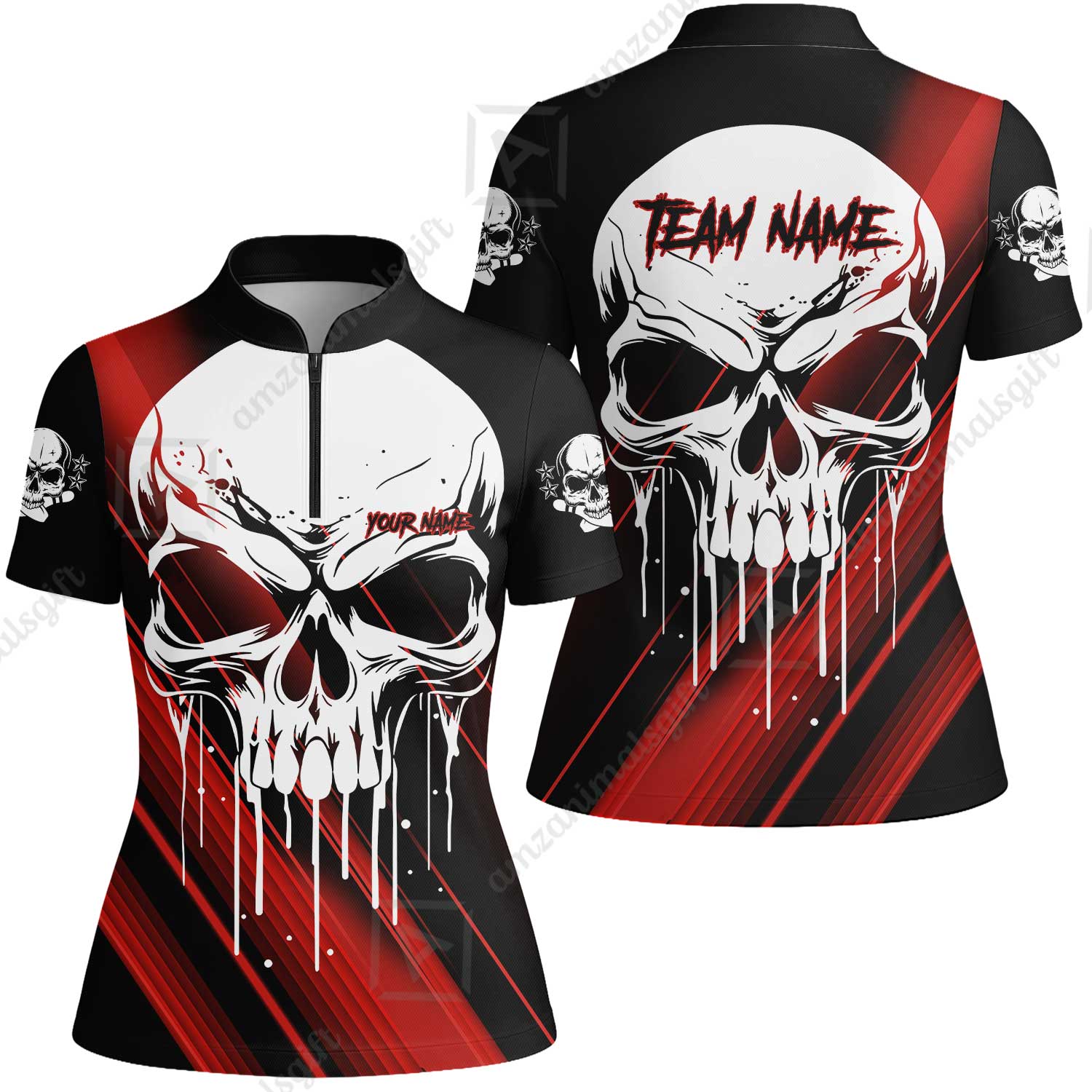 Customized Bowling Polo, Blue Skull Bowling Creepy Style Bowling jerseys Custom Name And Team Shirt - Image 37