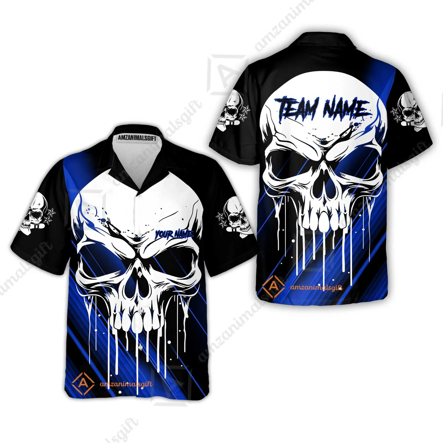 Customized Bowling Polo, Blue Skull Bowling Creepy Style Bowling jerseys Custom Name And Team Shirt - Image 38