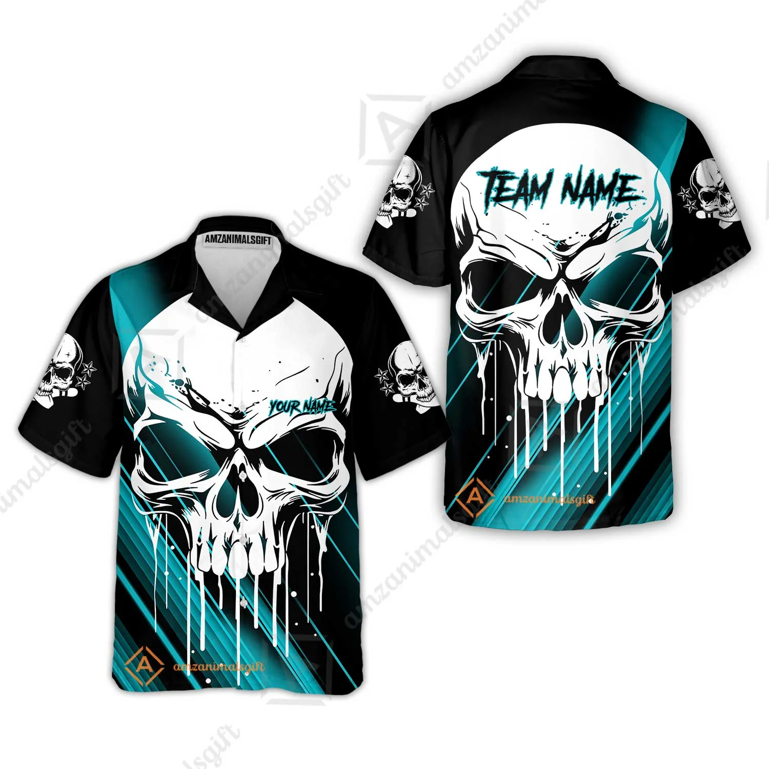 Customized Bowling Polo, Blue Skull Bowling Creepy Style Bowling jerseys Custom Name And Team Shirt - Image 40