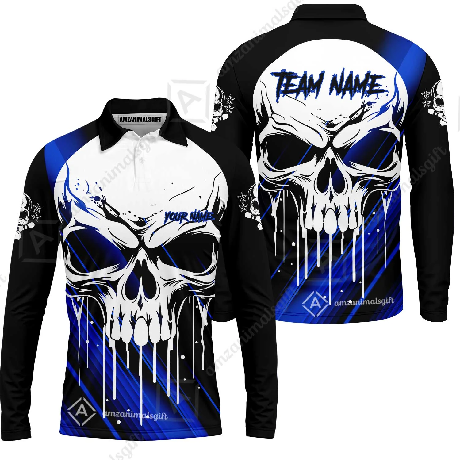 Customized Bowling Polo, Blue Skull Bowling Creepy Style Bowling jerseys Custom Name And Team Shirt - Image 44