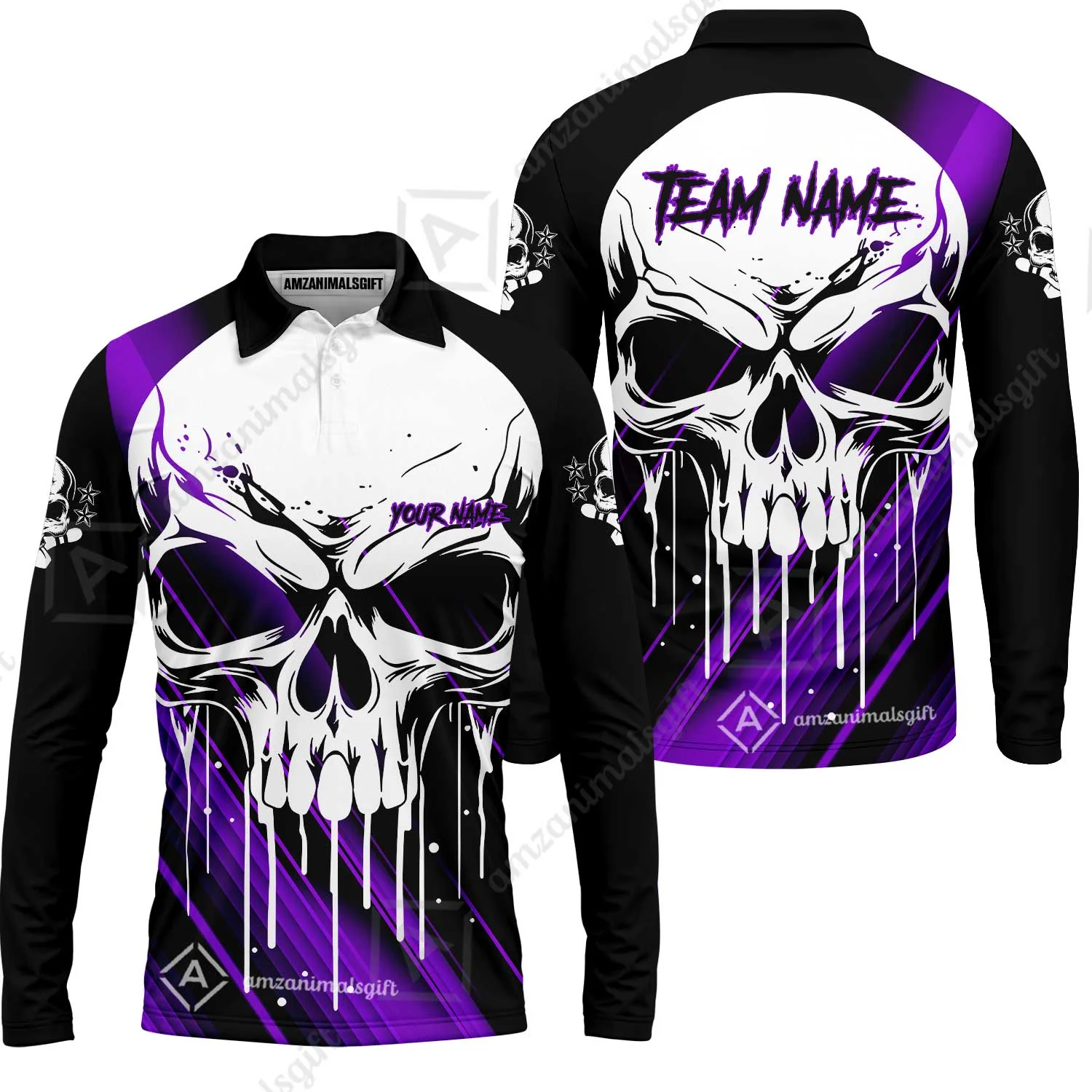 Customized Bowling Polo, Blue Skull Bowling Creepy Style Bowling jerseys Custom Name And Team Shirt - Image 45