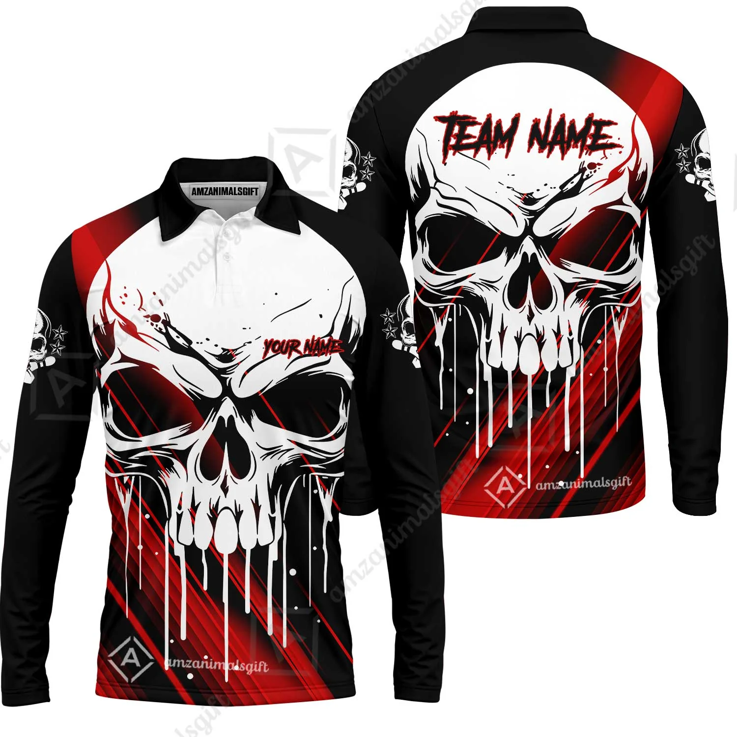 Customized Bowling Polo, Blue Skull Bowling Creepy Style Bowling jerseys Custom Name And Team Shirt - Image 49