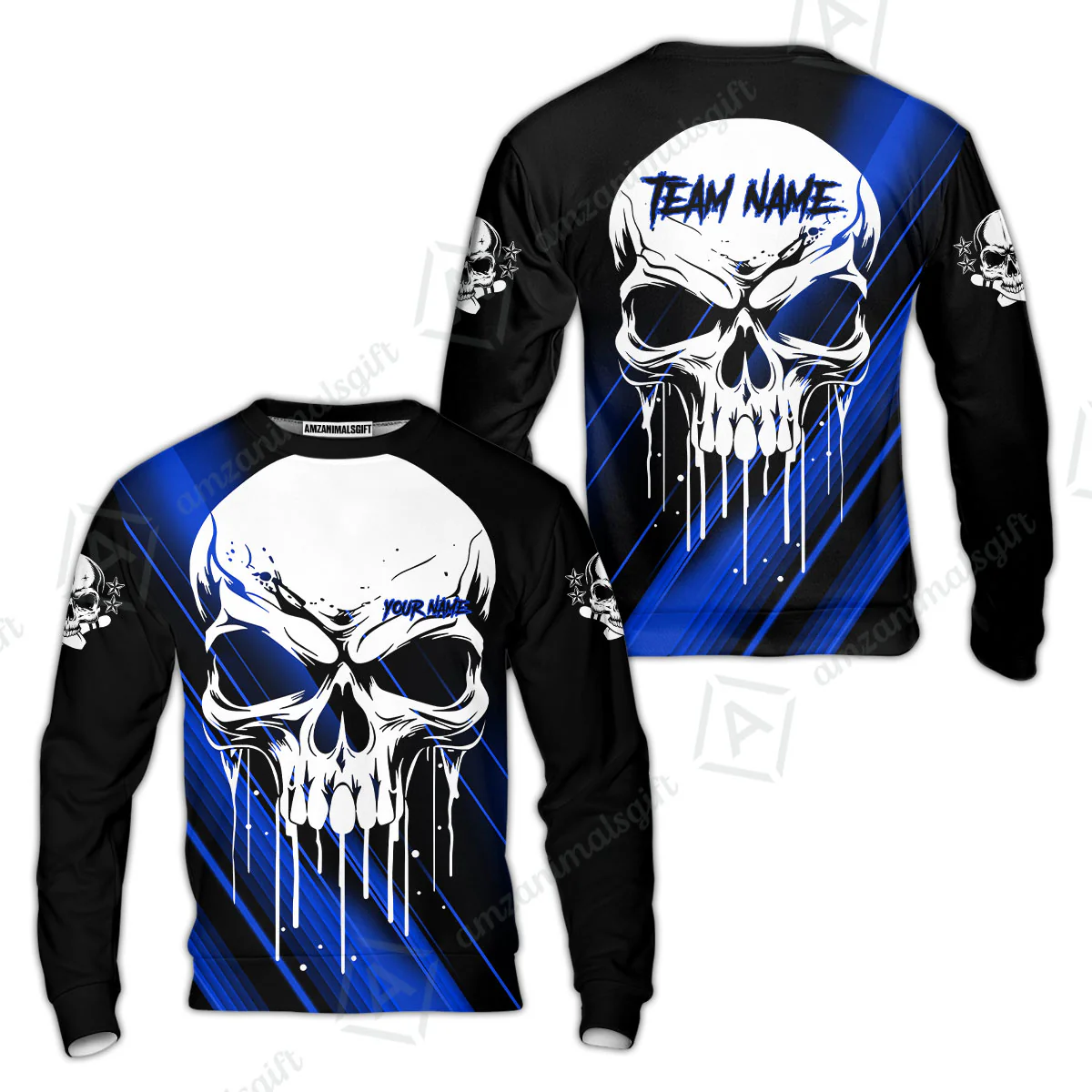 Customized Bowling Polo, Blue Skull Bowling Creepy Style Bowling jerseys Custom Name And Team Shirt - Image 56