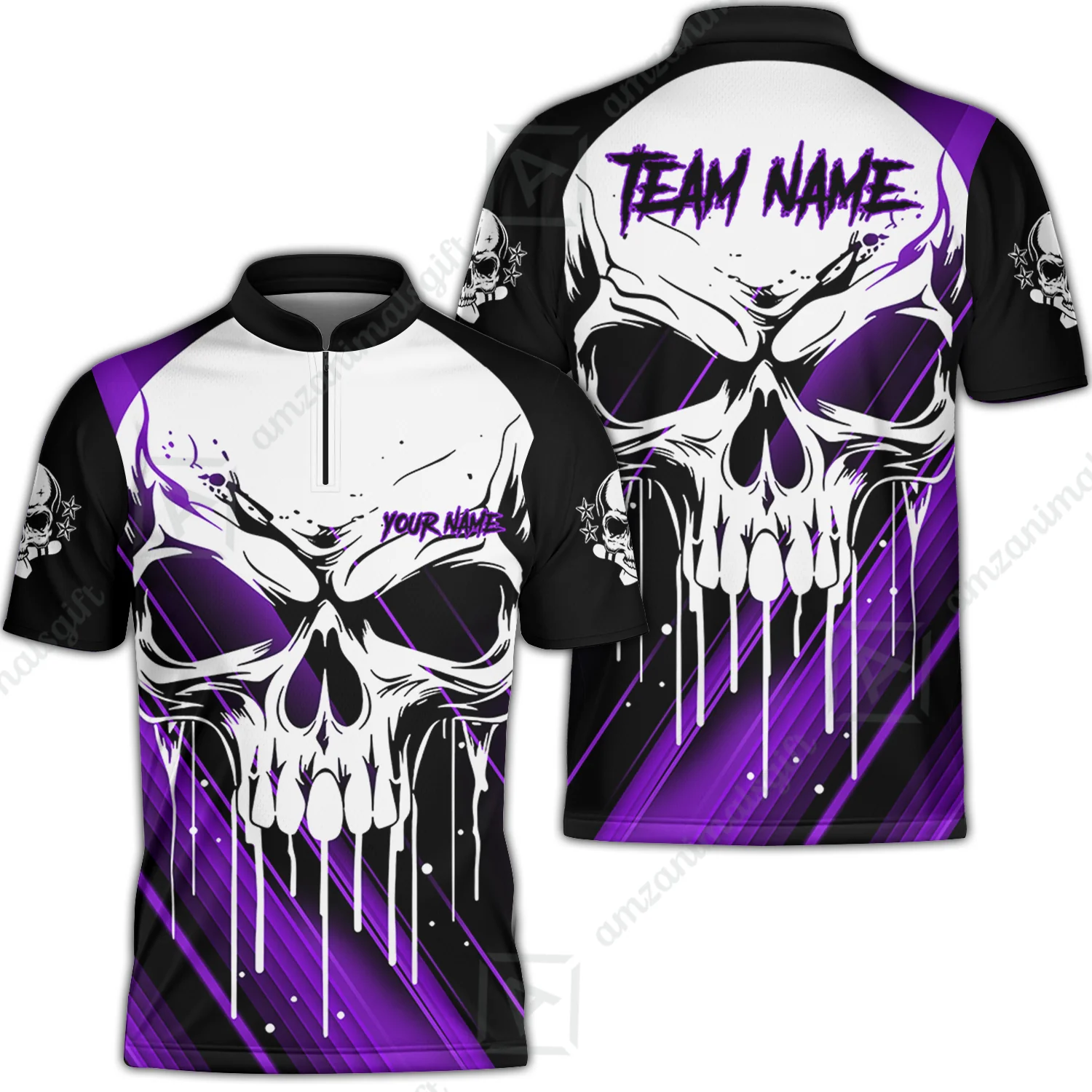 Customized Bowling Polo, Blue Skull Bowling Creepy Style Bowling jerseys Custom Name And Team Shirt - Image 8