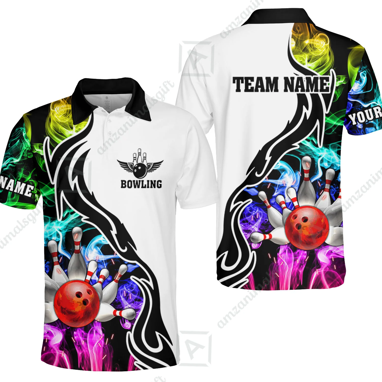 Customized Bowling Polo Shirt, Bowling And Pins Multicolor Smoke Pattern Customized Name And Team Polo Jerseys Shirts