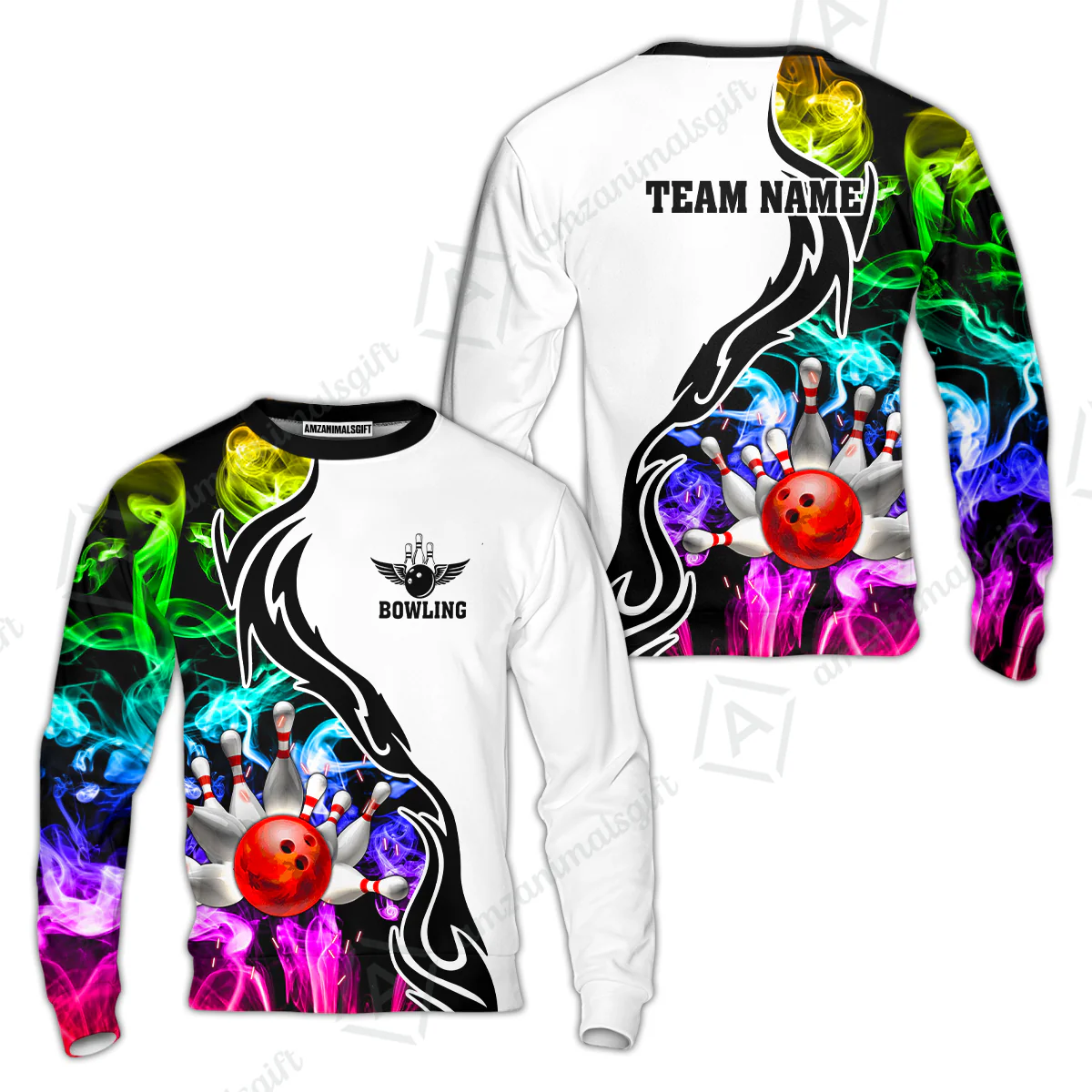 Customized Bowling Polo Shirt, Bowling And Pins Multicolor Smoke Pattern Customized Name And Team Polo Jerseys Shirts - Image 10