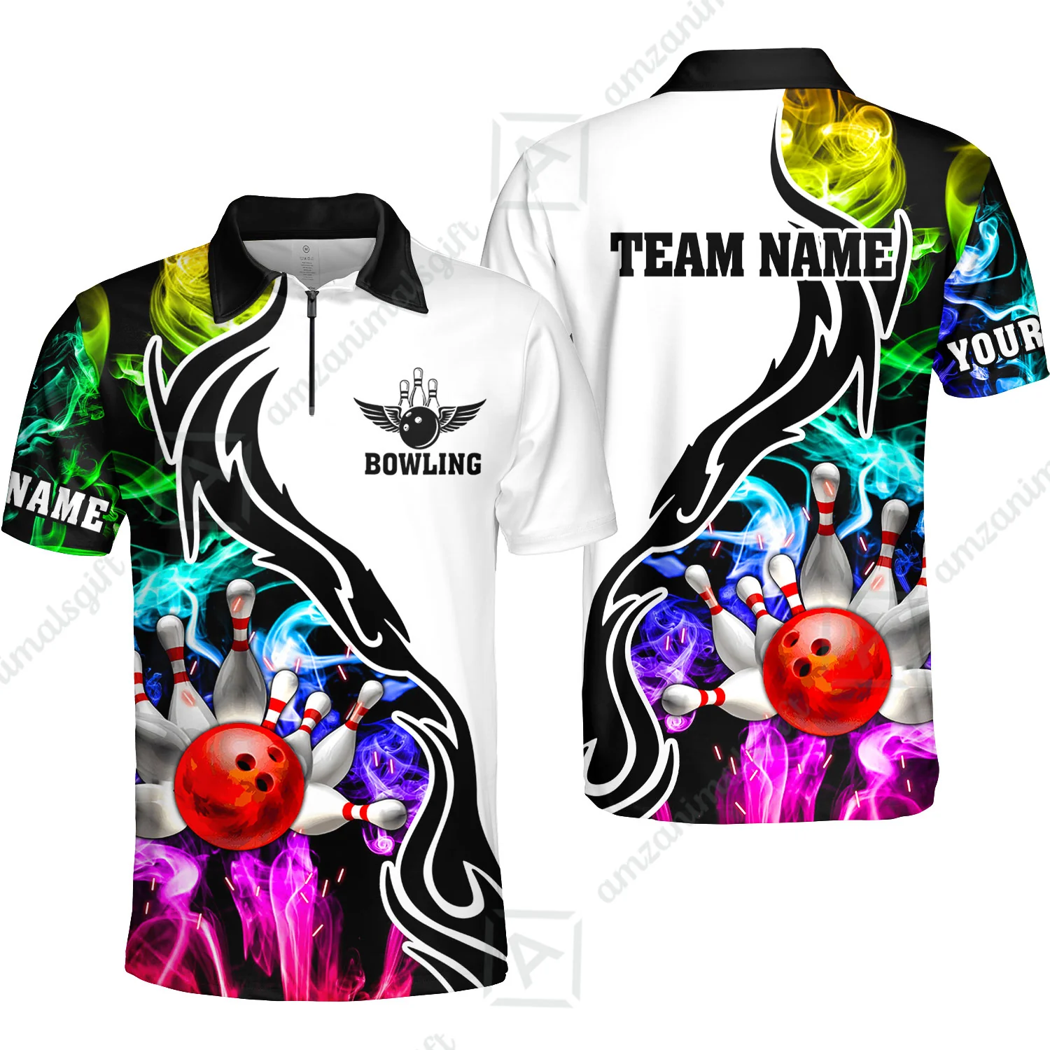 Customized Bowling Polo Shirt, Bowling And Pins Multicolor Smoke Pattern Customized Name And Team Polo Jerseys Shirts - Image 3