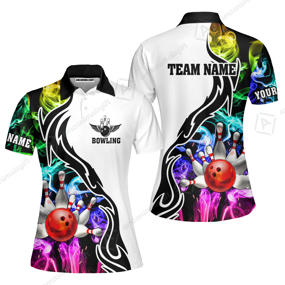 Customized Bowling Polo Shirt, Bowling And Pins Multicolor Smoke Pattern Customized Name And Team Polo Jerseys Shirts - Image 4