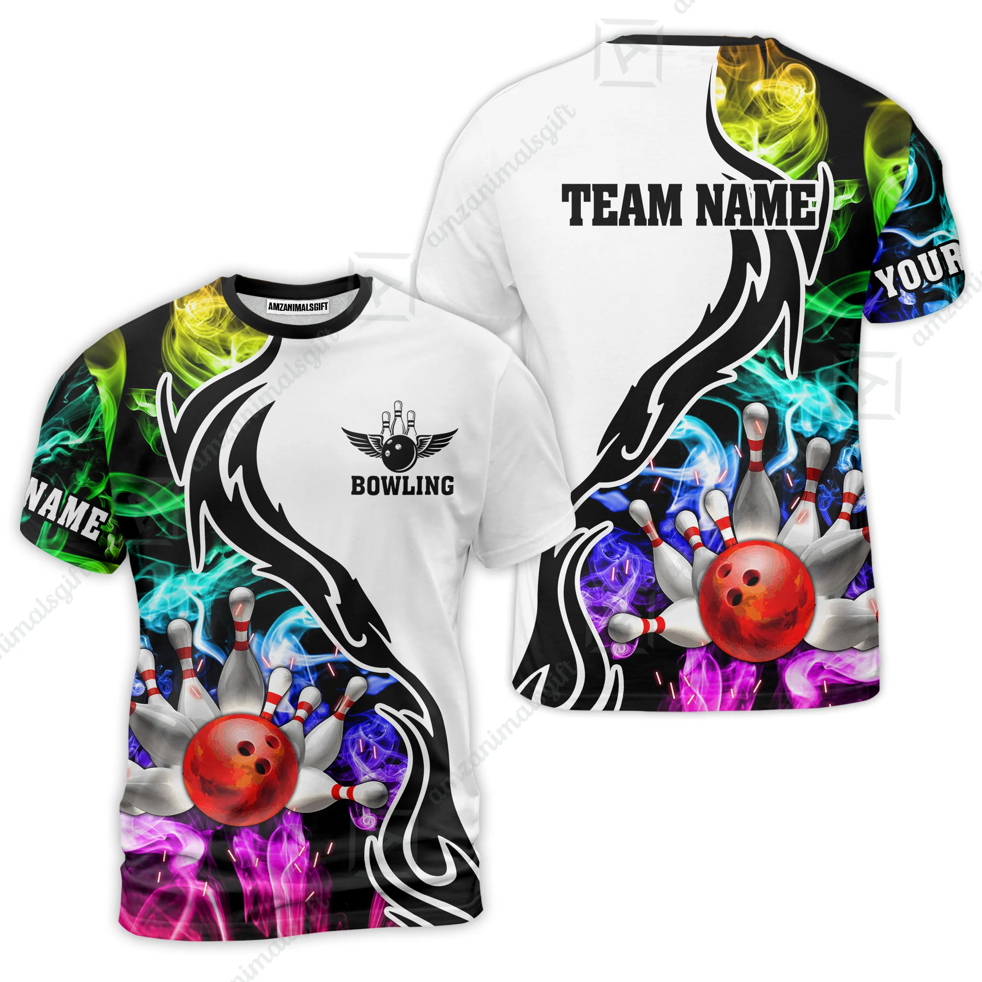 Customized Bowling Polo Shirt, Bowling And Pins Multicolor Smoke Pattern Customized Name And Team Polo Jerseys Shirts - Image 5
