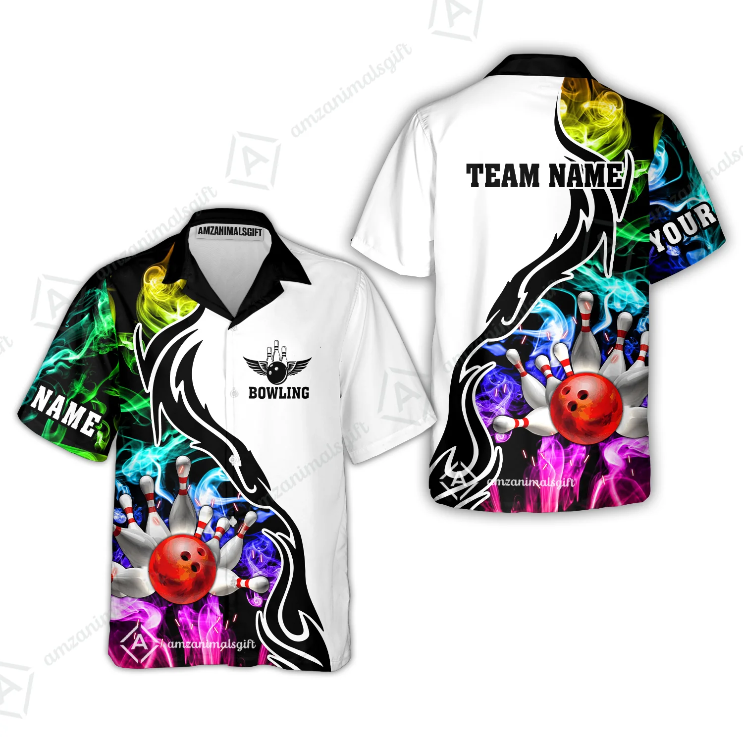 Customized Bowling Polo Shirt, Bowling And Pins Multicolor Smoke Pattern Customized Name And Team Polo Jerseys Shirts - Image 7