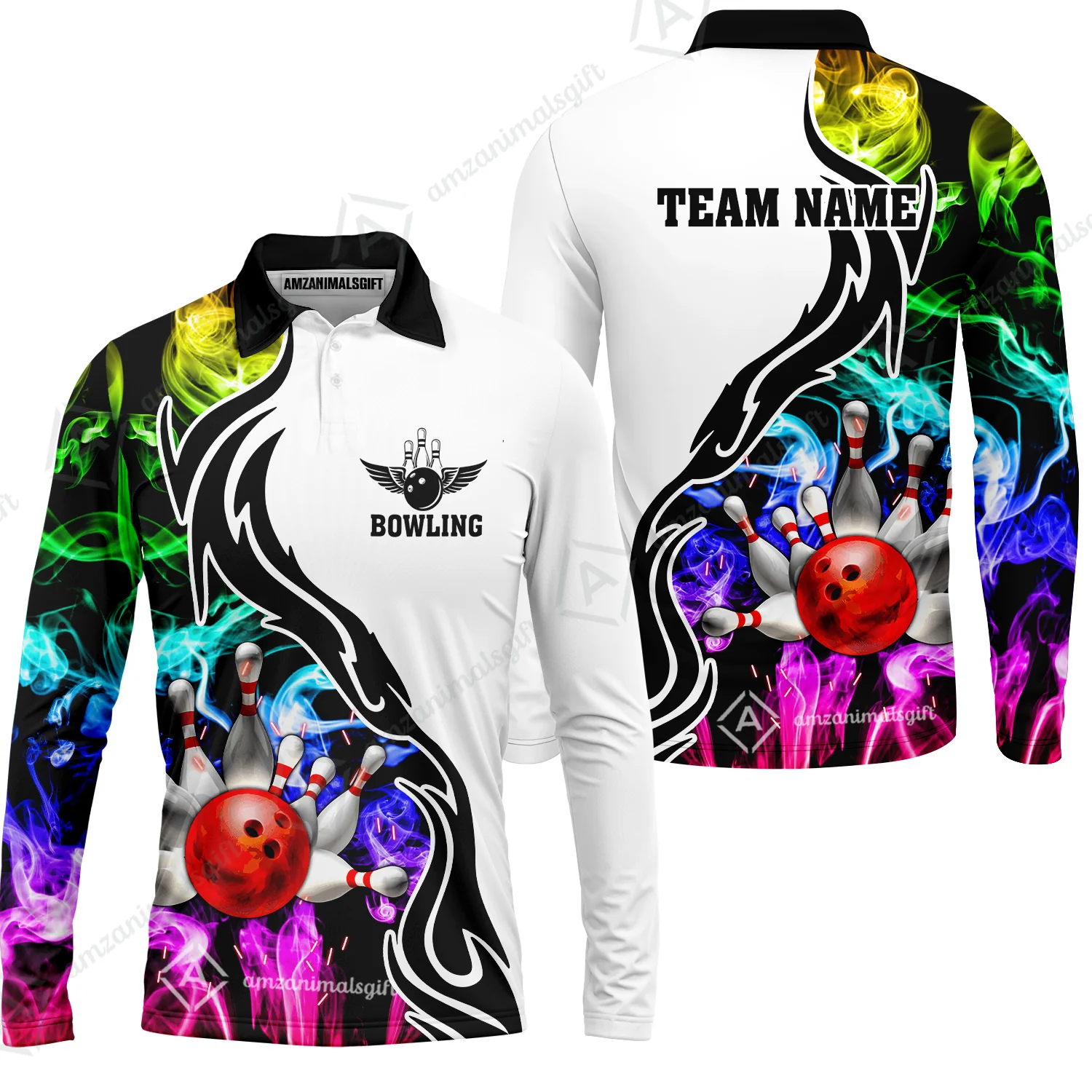 Customized Bowling Polo Shirt, Bowling And Pins Multicolor Smoke Pattern Customized Name And Team Polo Jerseys Shirts - Image 8