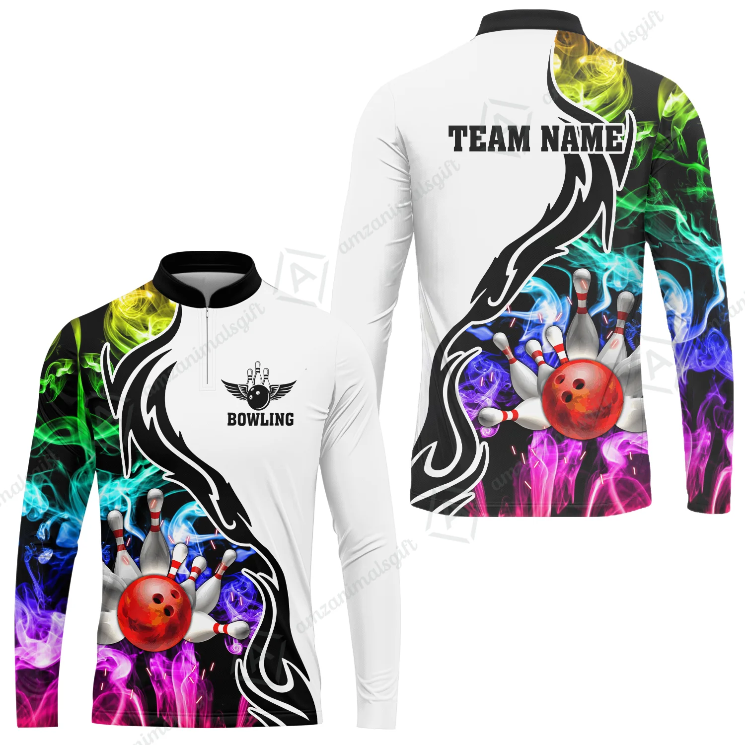 Customized Bowling Polo Shirt, Bowling And Pins Multicolor Smoke Pattern Customized Name And Team Polo Jerseys Shirts - Image 9