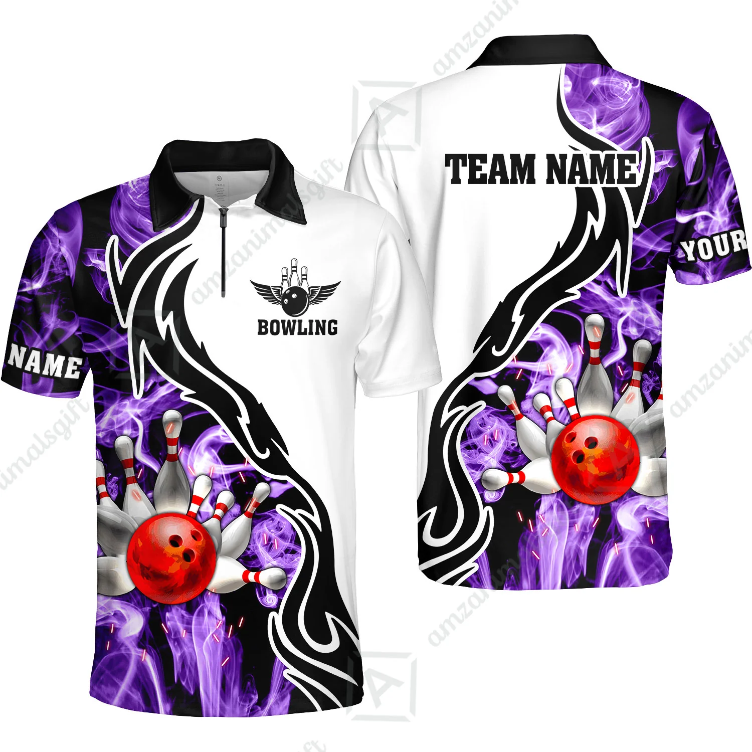 Customized Bowling Unisex Polo Shirt, Bowling And Pins Purple Smoke Pattern Customized Name And Team Polo Jerseys Shirts - Image 3