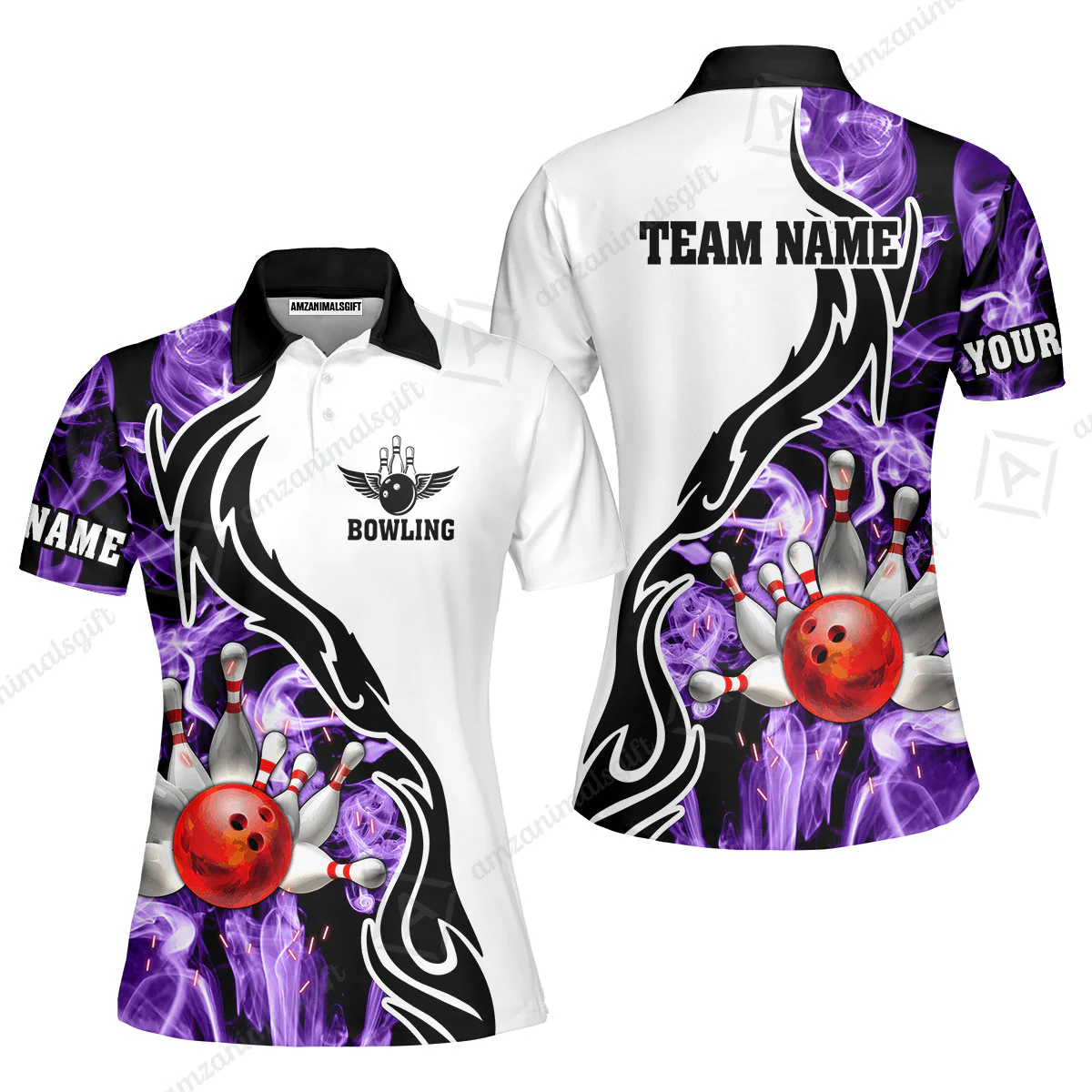 Customized Bowling Unisex Polo Shirt, Bowling And Pins Purple Smoke Pattern Customized Name And Team Polo Jerseys Shirts - Image 4