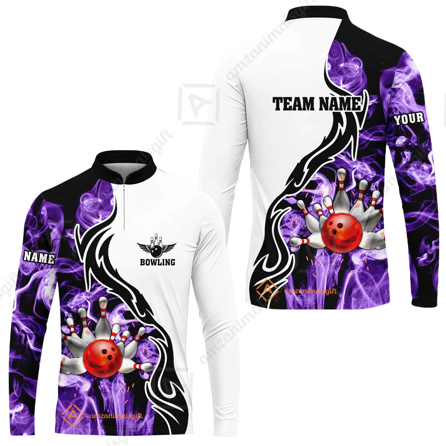 Customized Bowling Unisex Polo Shirt, Bowling And Pins Purple Smoke Pattern Customized Name And Team Polo Jerseys Shirts - Image 8