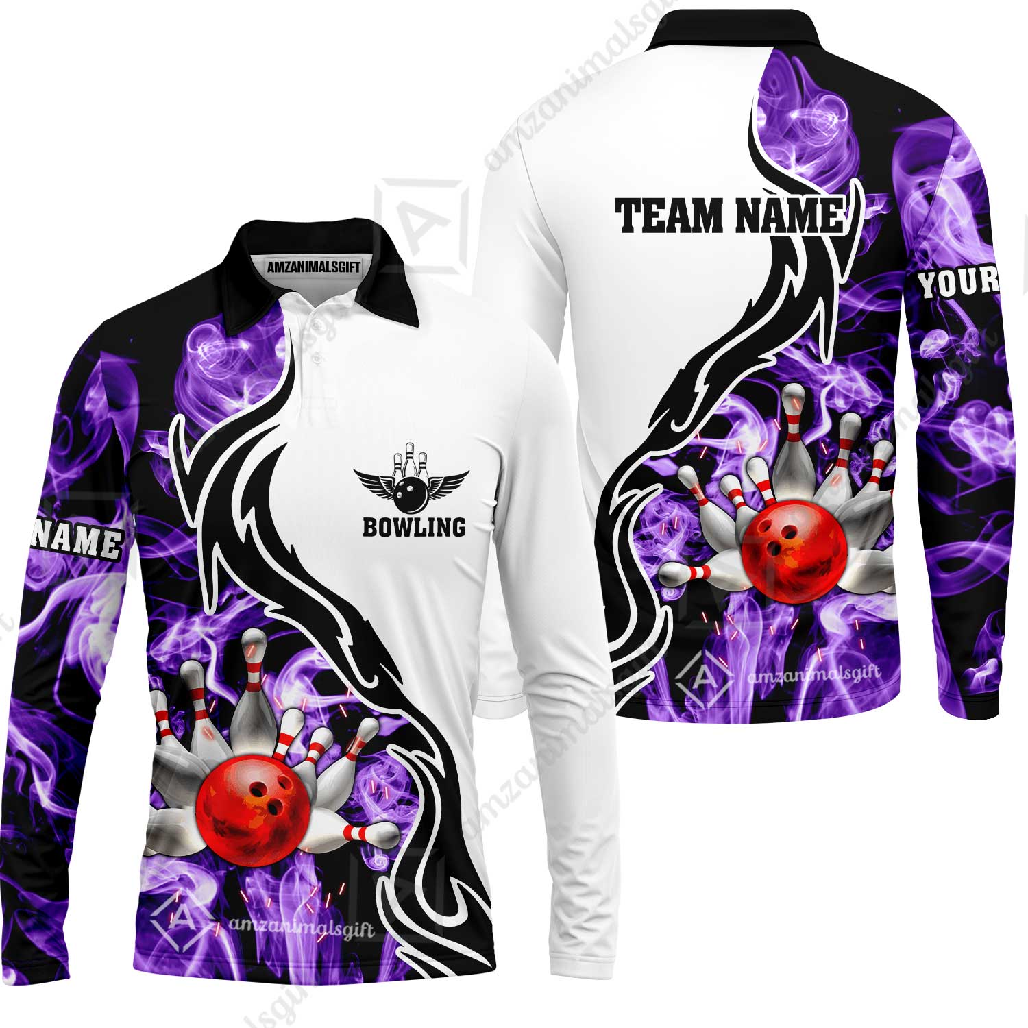 Customized Bowling Unisex Polo Shirt, Bowling And Pins Purple Smoke Pattern Customized Name And Team Polo Jerseys Shirts - Image 9