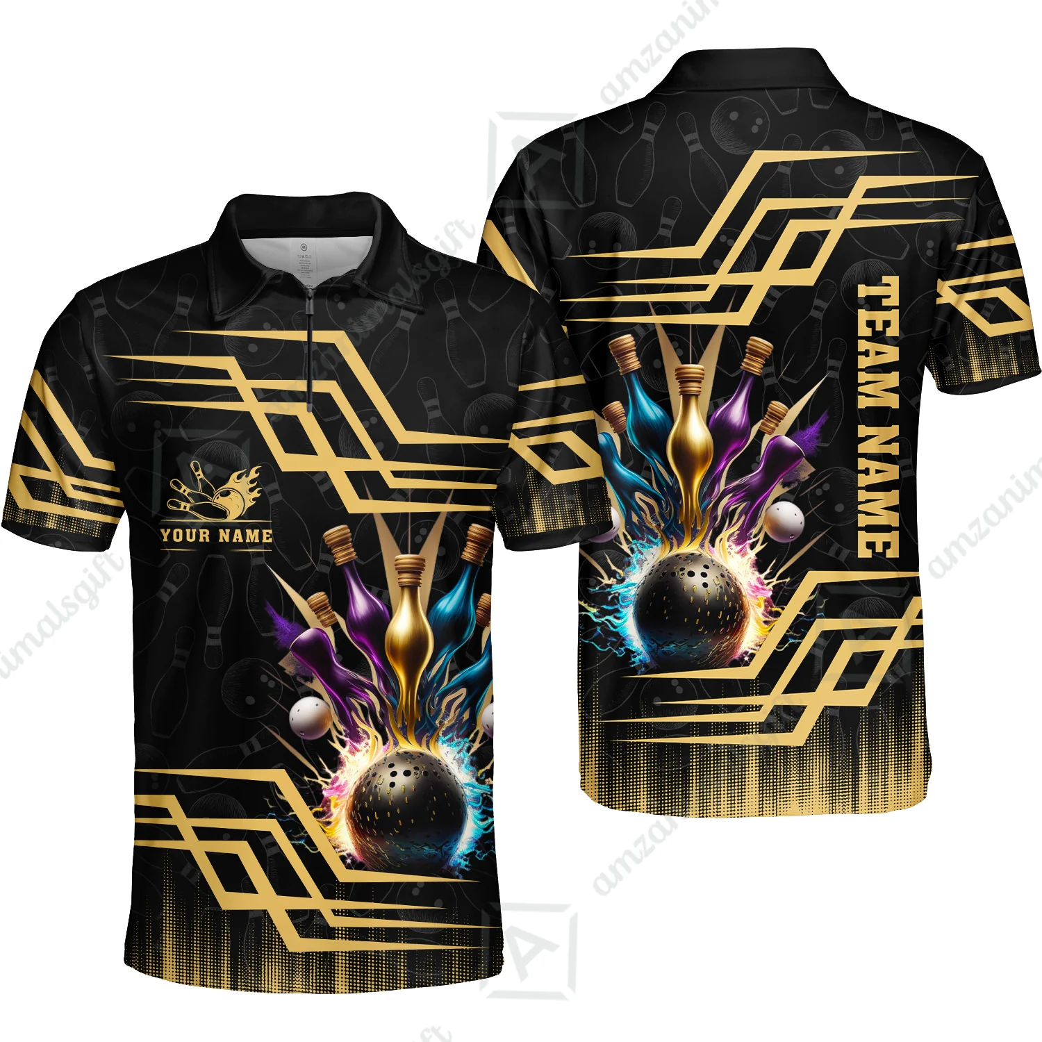 Customized Bowling Unisex Polo, Bowling And Pins Royal Multicolor Option Customized Name And Team Name For Bowling Team - Image 2