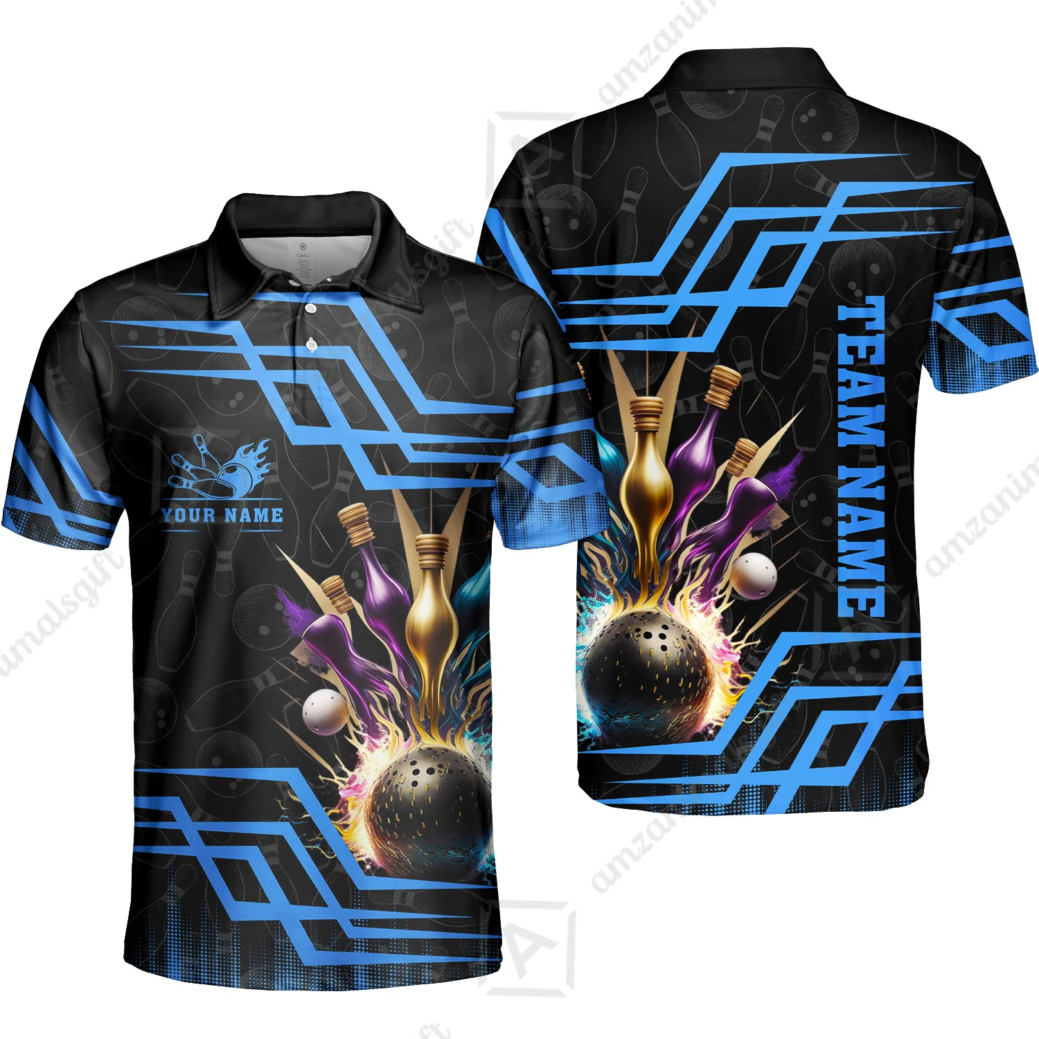 Customized Bowling Unisex Polo, Bowling And Pins Royal Multicolor Option Customized Name And Team Name For Bowling Team - Image 21