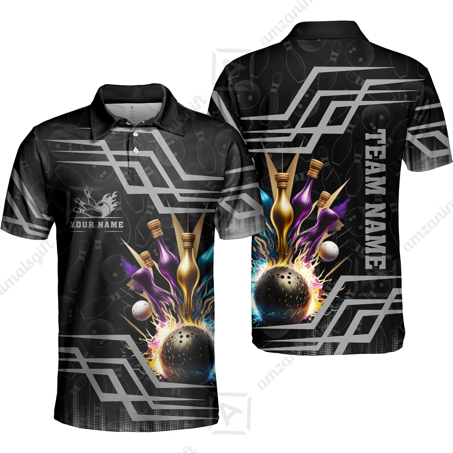 Customized Bowling Unisex Polo, Bowling And Pins Royal Multicolor Option Customized Name And Team Name For Bowling Team - Image 22