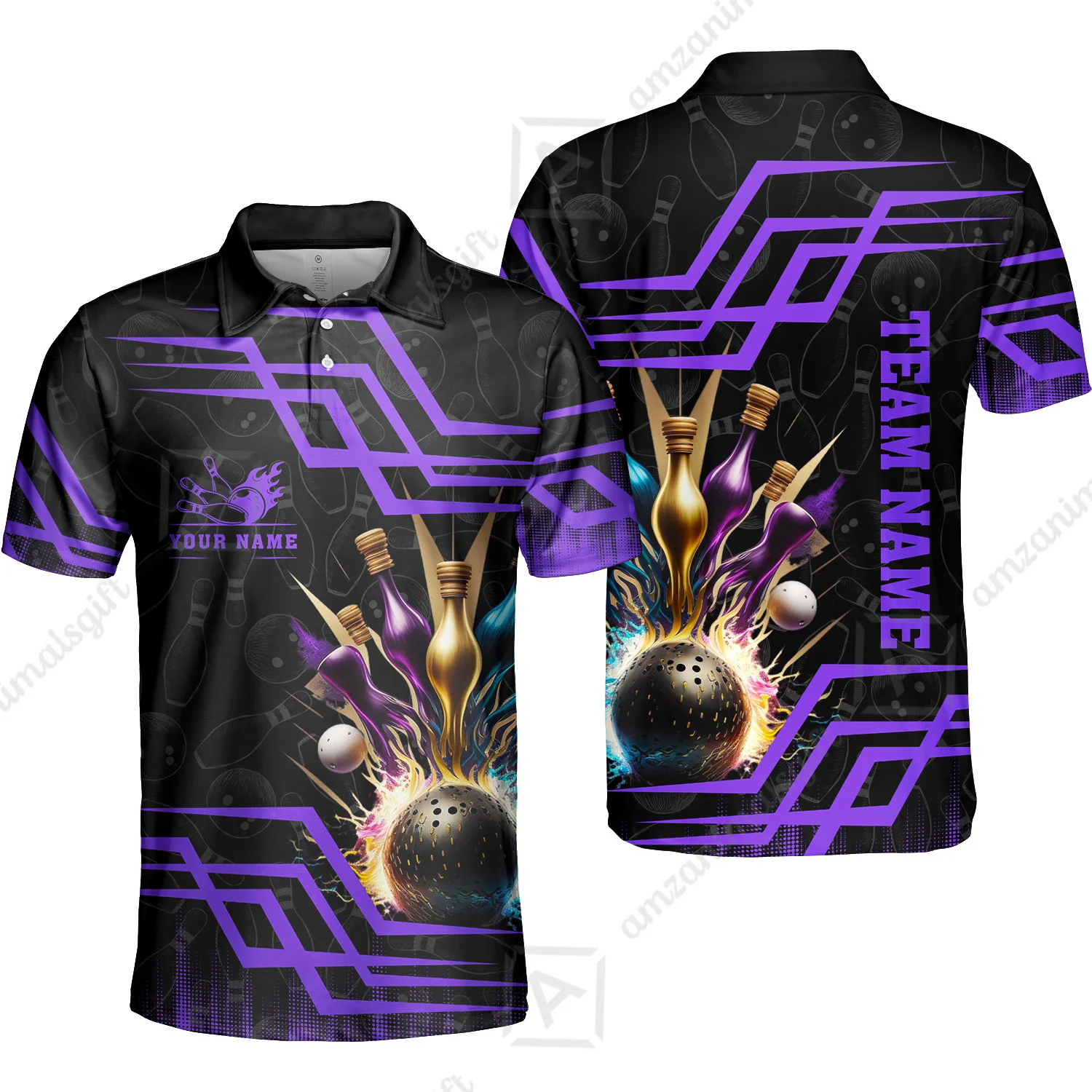 Customized Bowling Unisex Polo, Bowling And Pins Royal Multicolor Option Customized Name And Team Name For Bowling Team - Image 23