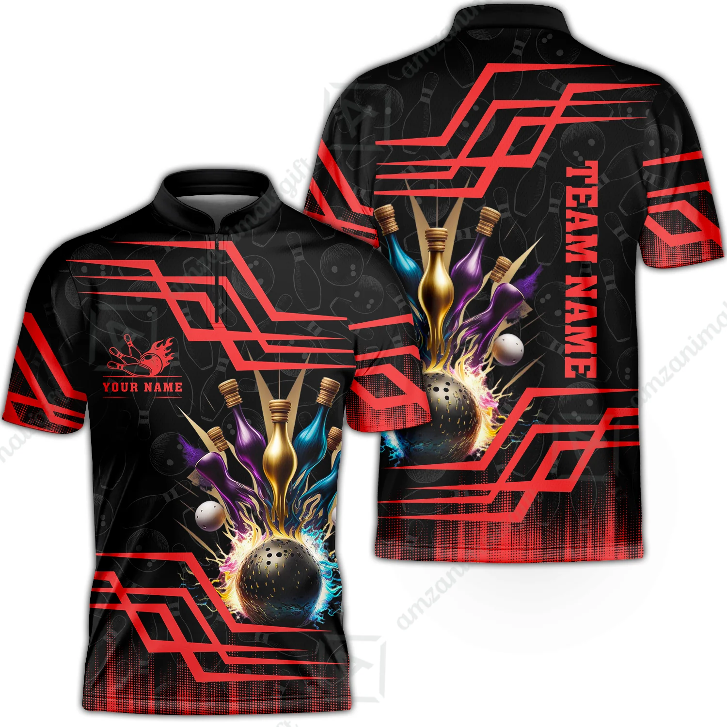 Customized Bowling Unisex Polo, Bowling And Pins Royal Multicolor Option Customized Name And Team Name For Bowling Team - Image 29