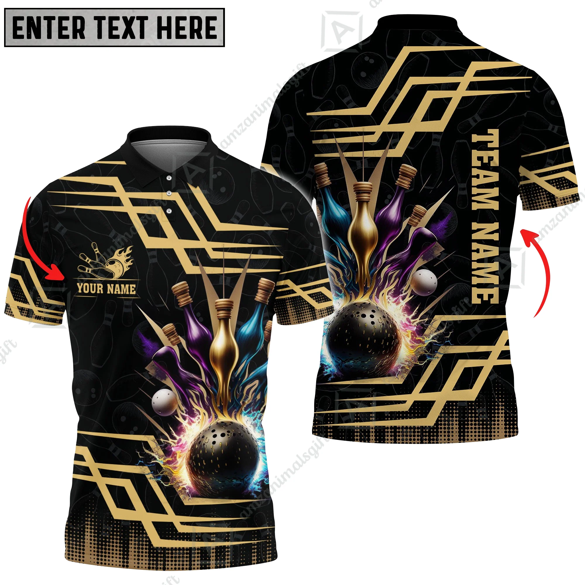 Customized Bowling Unisex Polo, Bowling And Pins Royal Multicolor Option Customized Name And Team Name For Bowling Team - Image 3