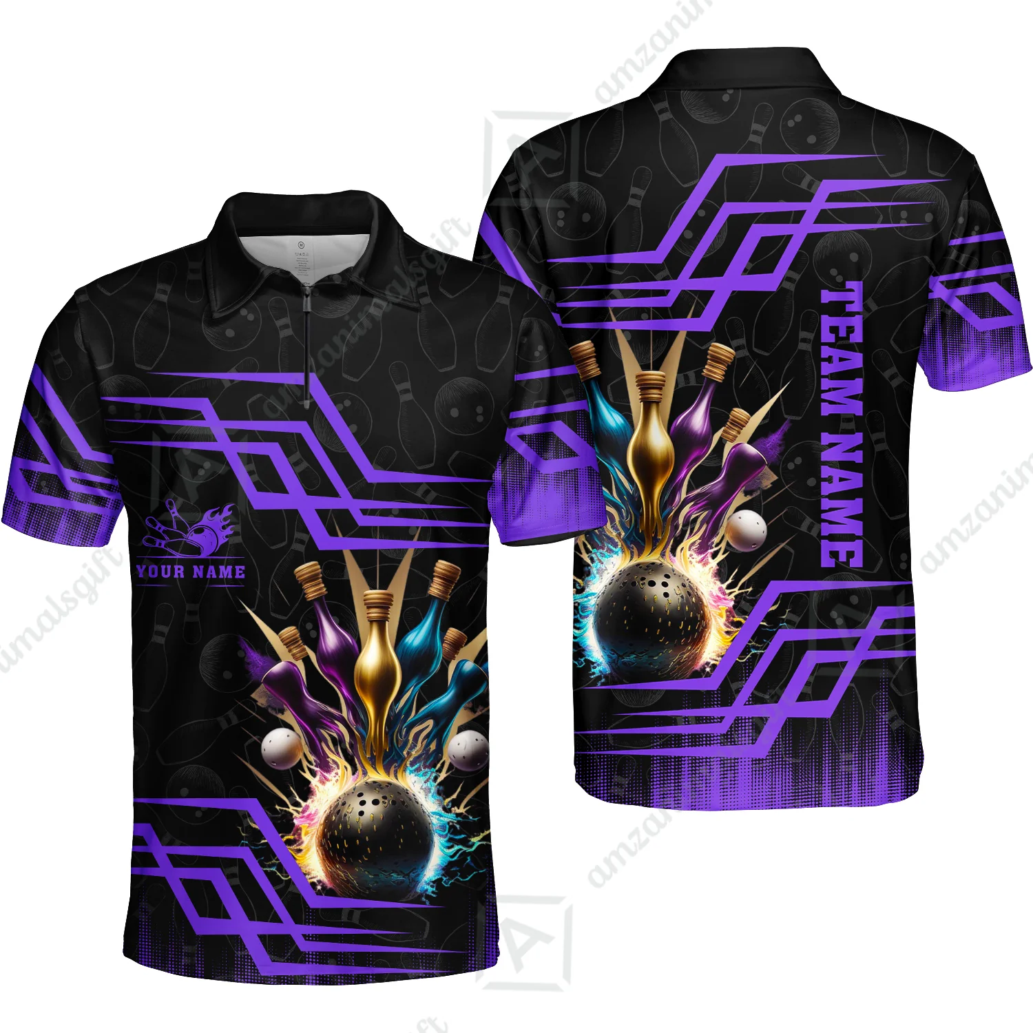 Customized Bowling Unisex Polo, Bowling And Pins Royal Multicolor Option Customized Name And Team Name For Bowling Team - Image 33
