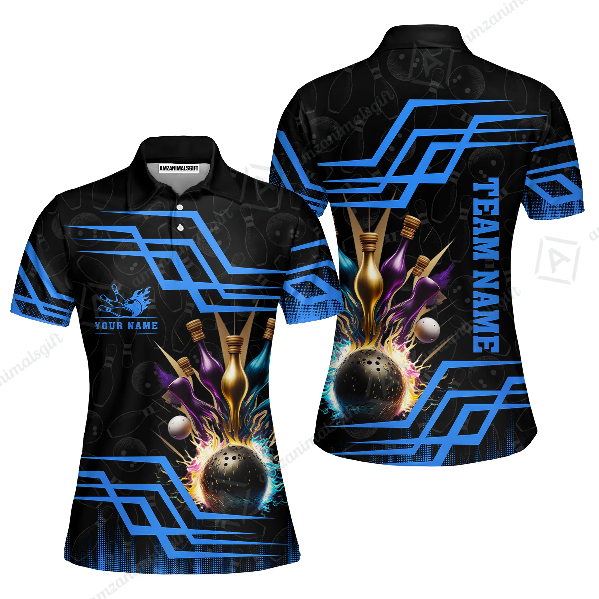 Customized Bowling Unisex Polo, Bowling And Pins Royal Multicolor Option Customized Name And Team Name For Bowling Team - Image 36