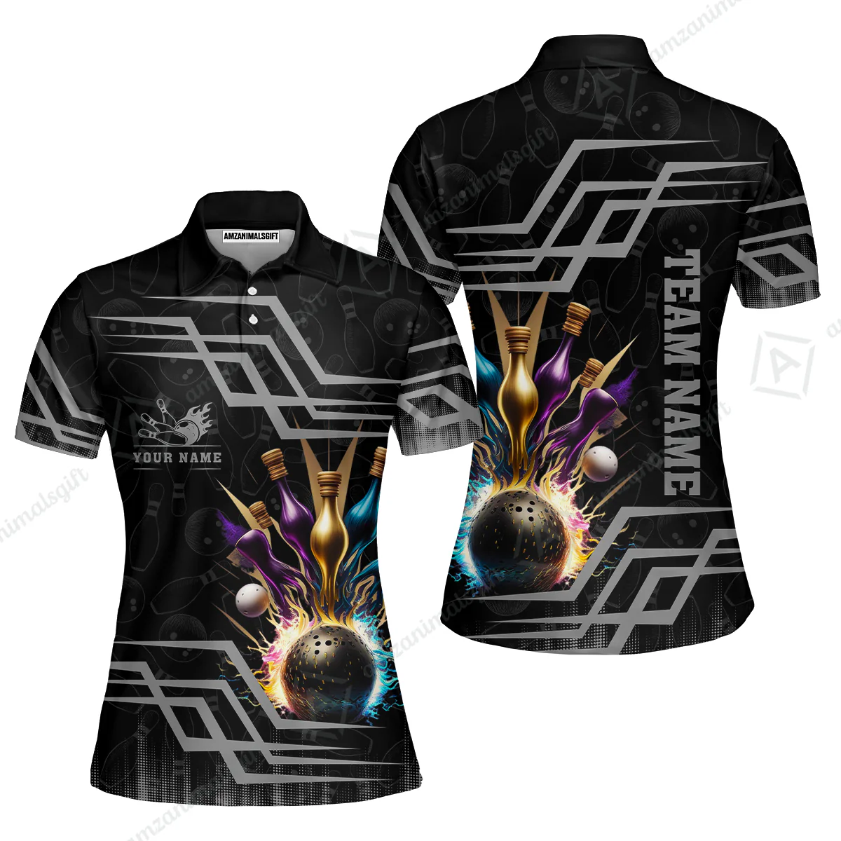 Customized Bowling Unisex Polo, Bowling And Pins Royal Multicolor Option Customized Name And Team Name For Bowling Team - Image 37