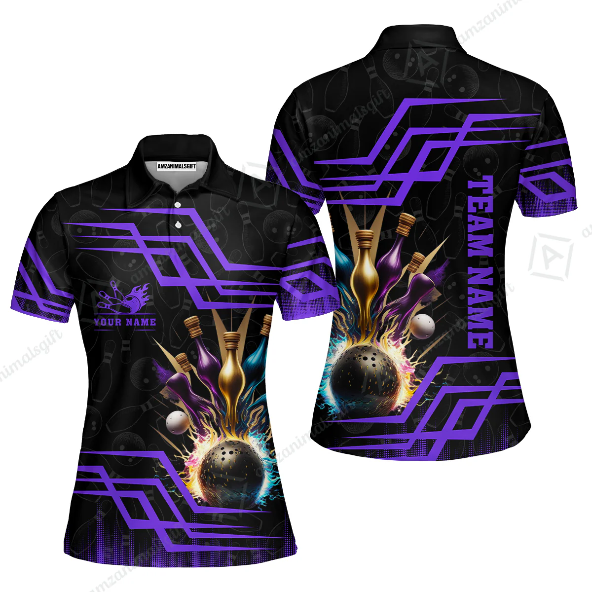 Customized Bowling Unisex Polo, Bowling And Pins Royal Multicolor Option Customized Name And Team Name For Bowling Team - Image 38