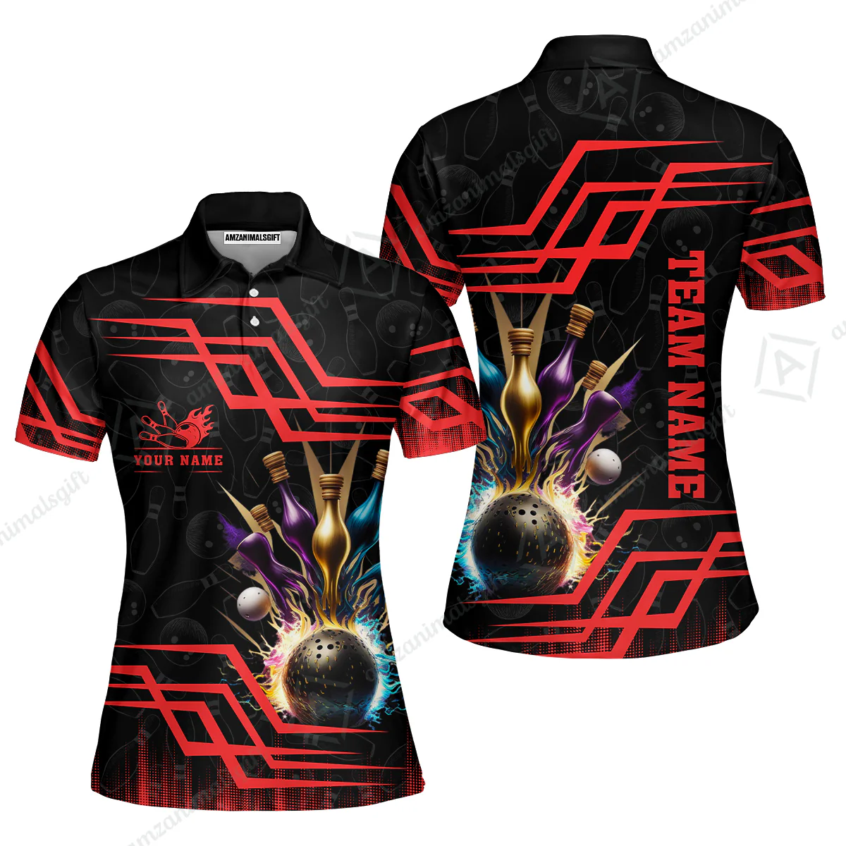 Customized Bowling Unisex Polo, Bowling And Pins Royal Multicolor Option Customized Name And Team Name For Bowling Team - Image 39