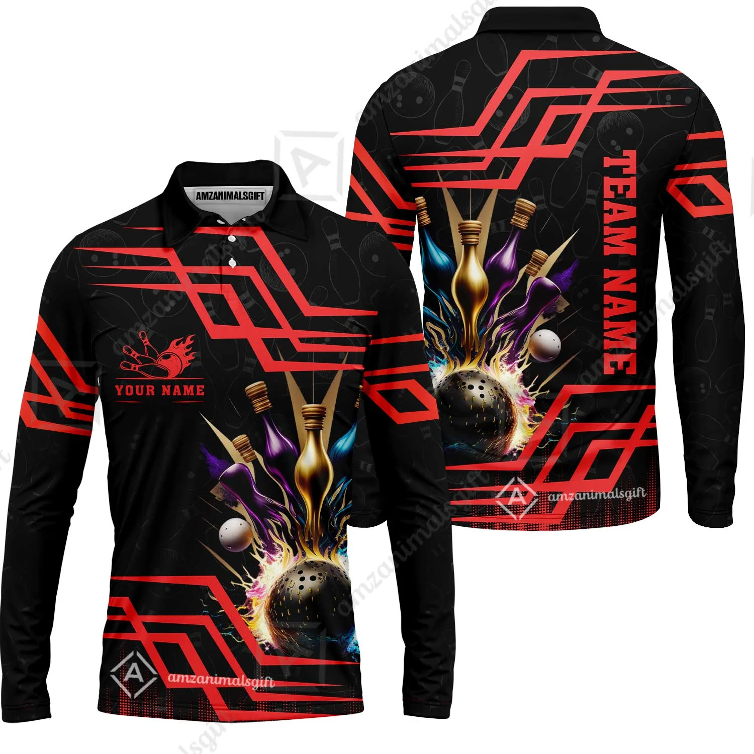 Customized Bowling Unisex Polo, Bowling And Pins Royal Multicolor Option Customized Name And Team Name For Bowling Team - Image 55