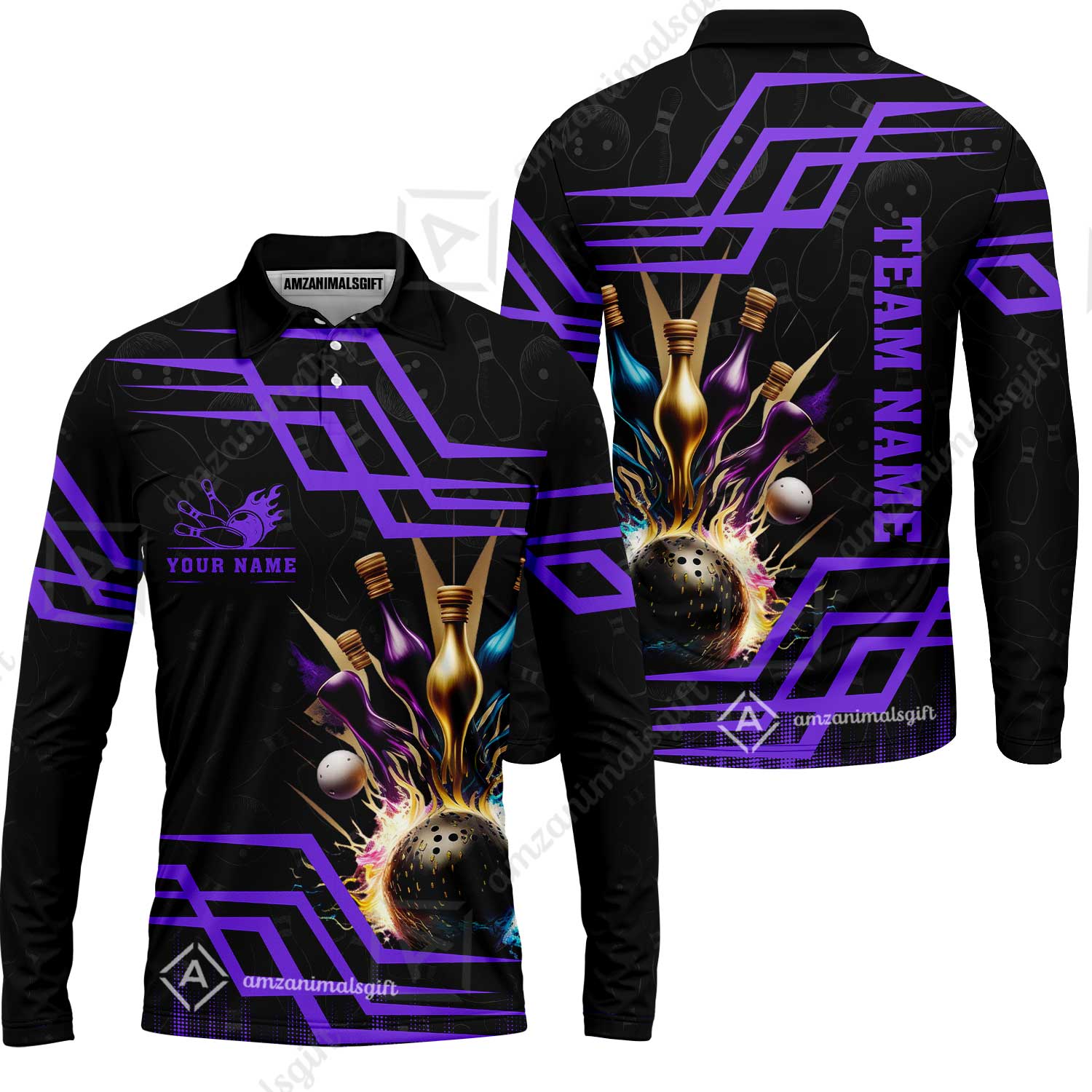 Customized Bowling Unisex Polo, Bowling And Pins Royal Multicolor Option Customized Name And Team Name For Bowling Team - Image 56
