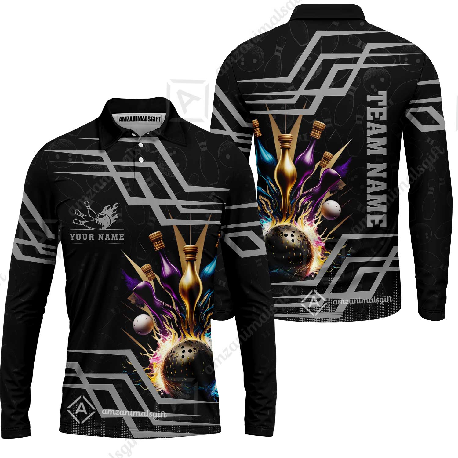 Customized Bowling Unisex Polo, Bowling And Pins Royal Multicolor Option Customized Name And Team Name For Bowling Team - Image 57