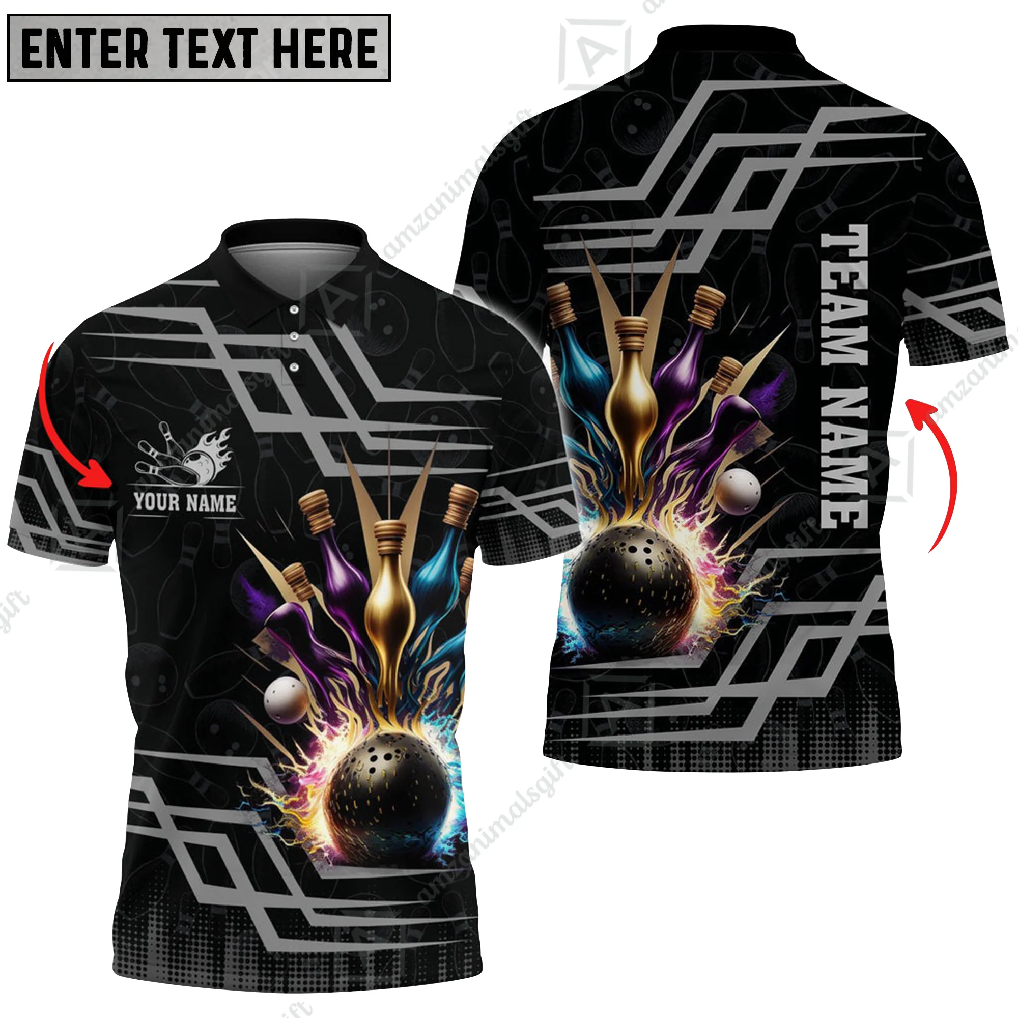 Customized Bowling Unisex Polo, Bowling And Pins Royal Multicolor Option Customized Name And Team Name For Bowling Team - Image 6