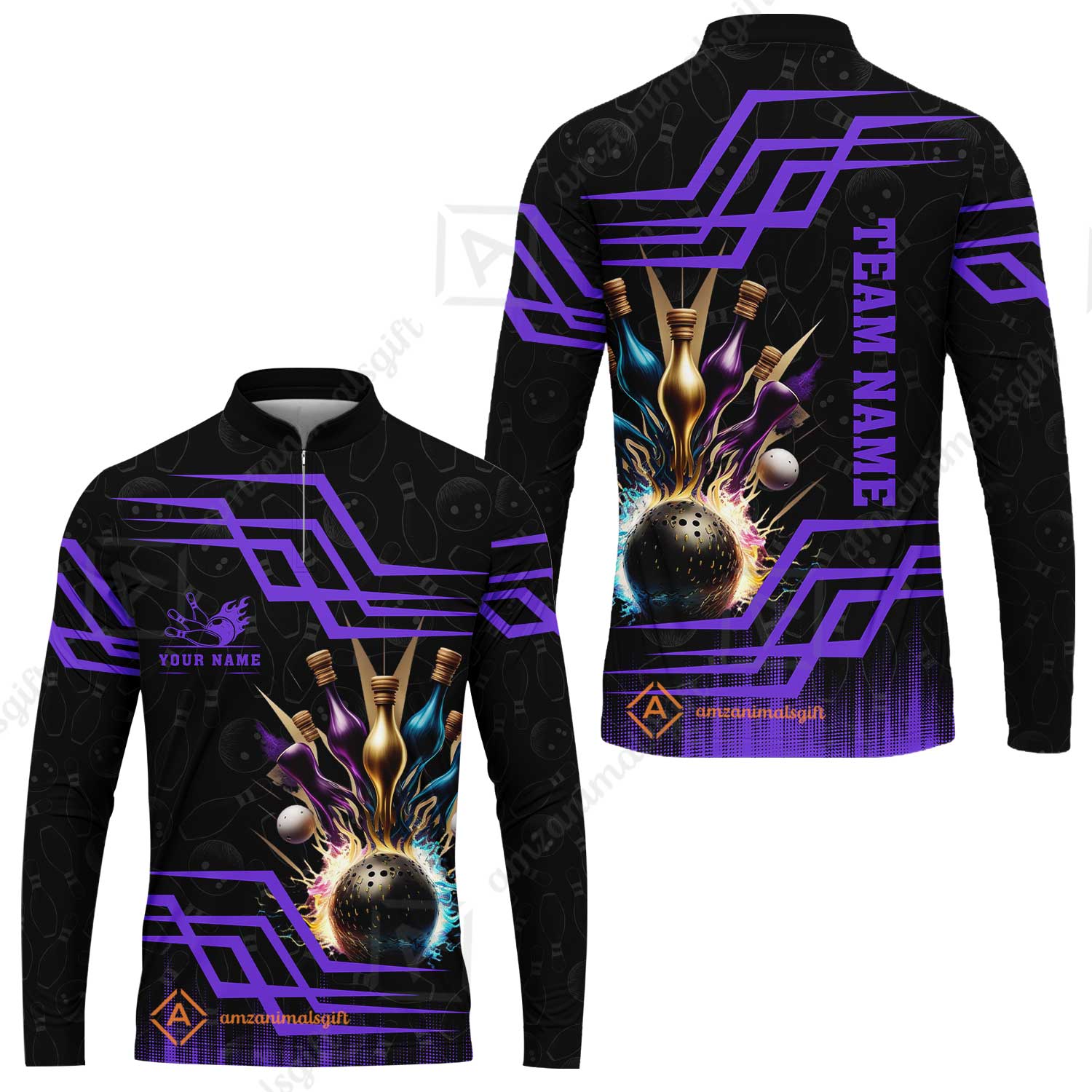 Customized Bowling Unisex Polo, Bowling And Pins Royal Multicolor Option Customized Name And Team Name For Bowling Team - Image 61