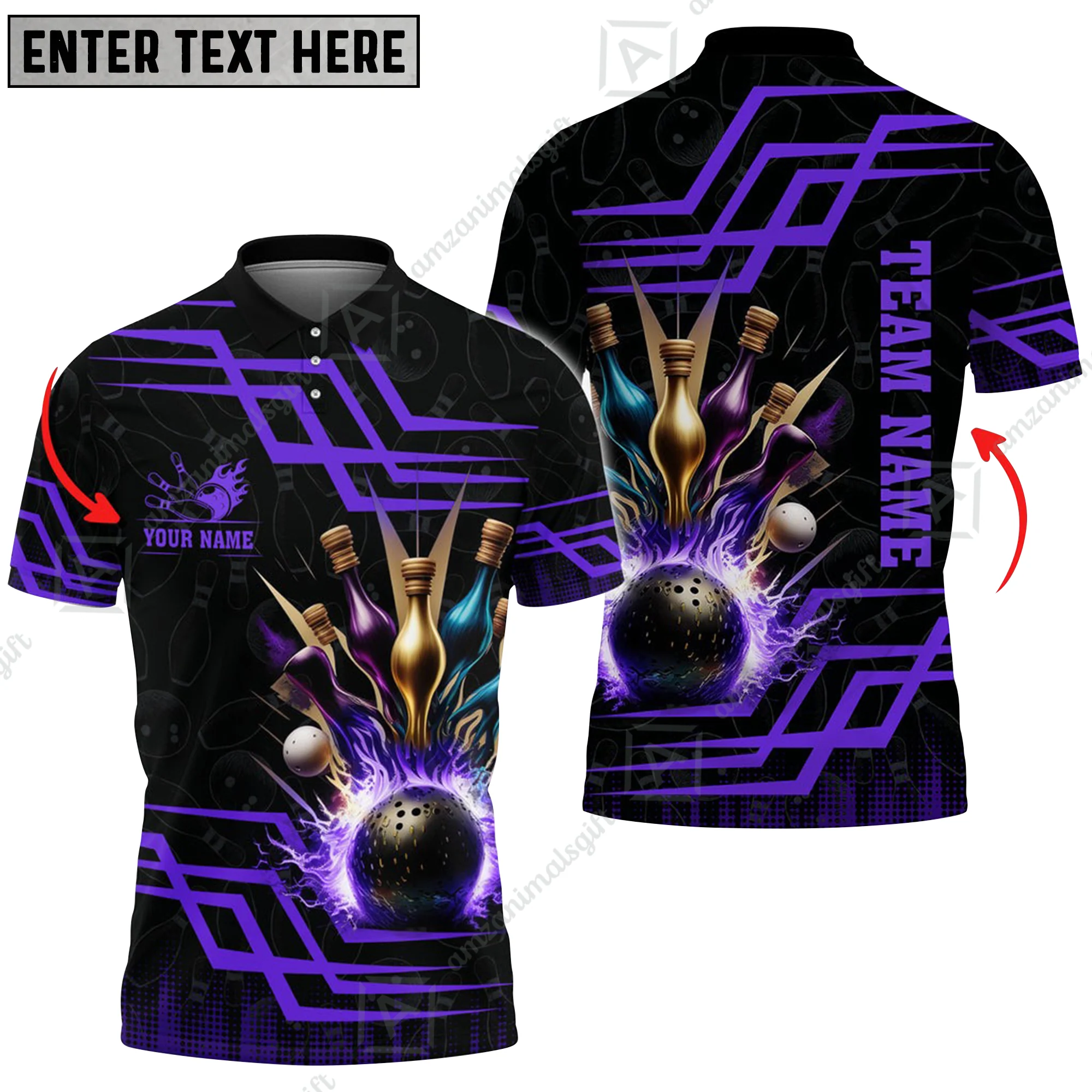 Customized Bowling Unisex Polo, Bowling And Pins Royal Multicolor Option Customized Name And Team Name For Bowling Team - Image 7