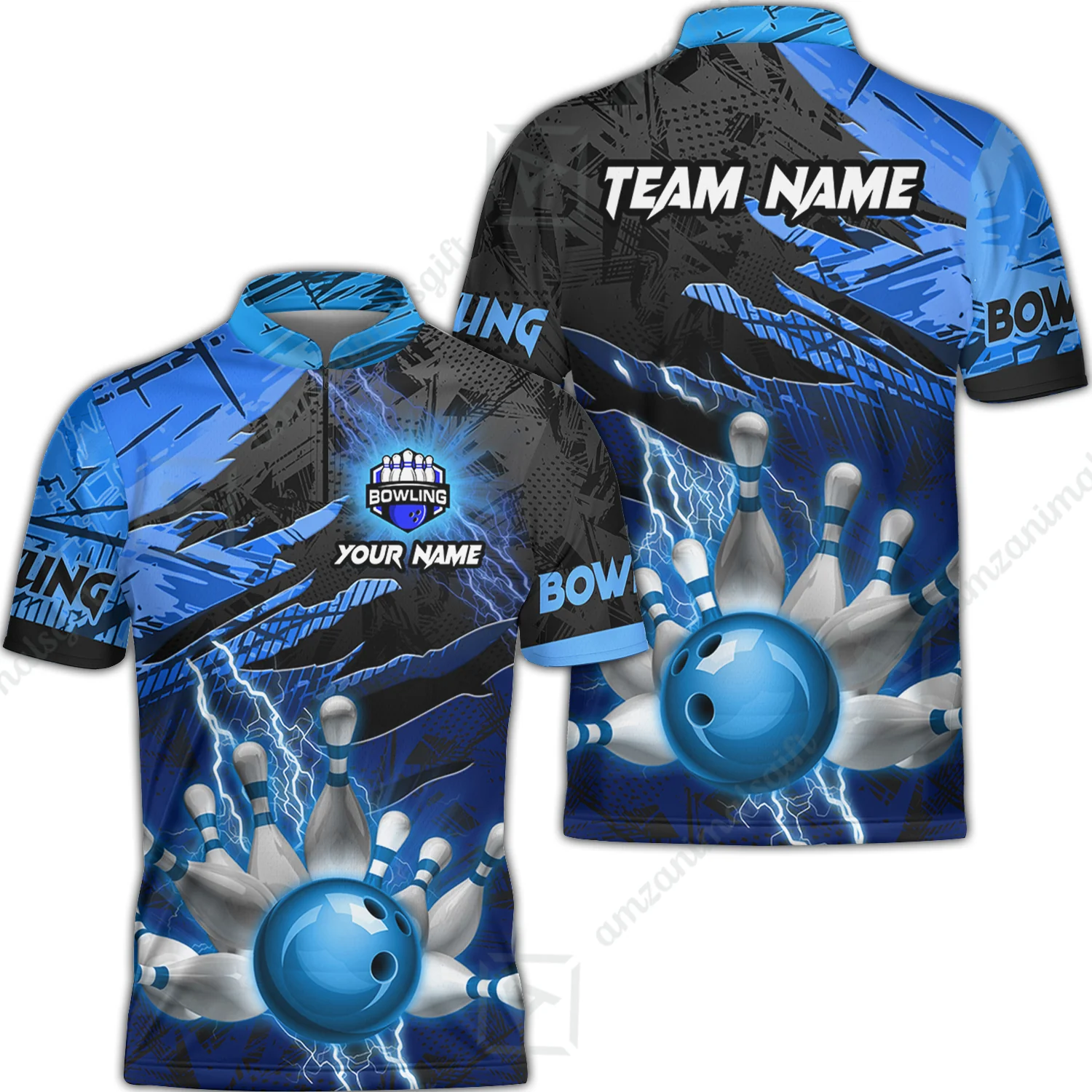 Customized Bowling Unisex Polo Shirt, Bowling And Pins Thunder Break Multicolor Option Customized Name And Team Name Zipper Polo Jerseys Shirts - Image 2