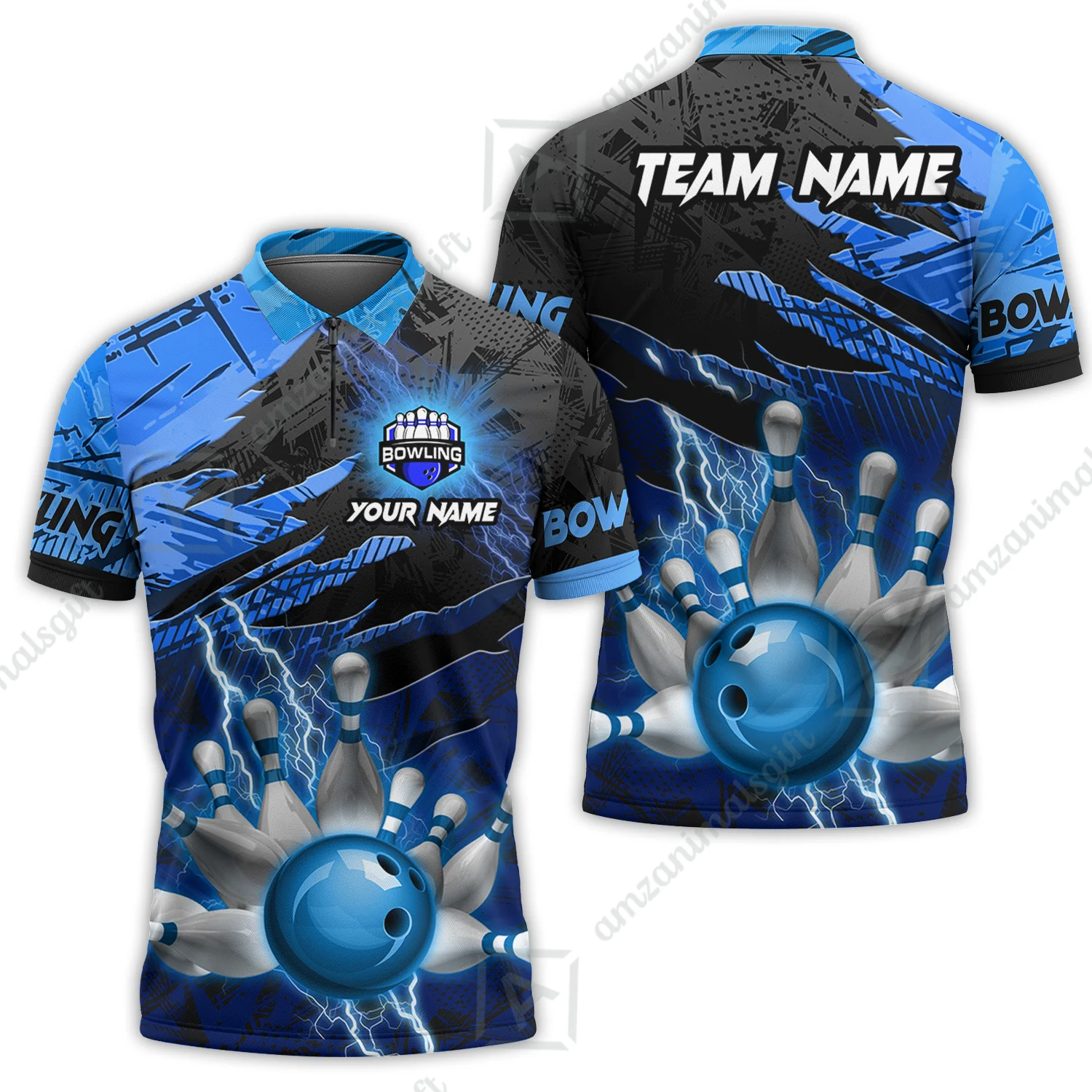 Customized Bowling Unisex Polo Shirt, Bowling And Pins Thunder Break Multicolor Option Customized Name And Team Name Zipper Polo Jerseys Shirts - Image 3