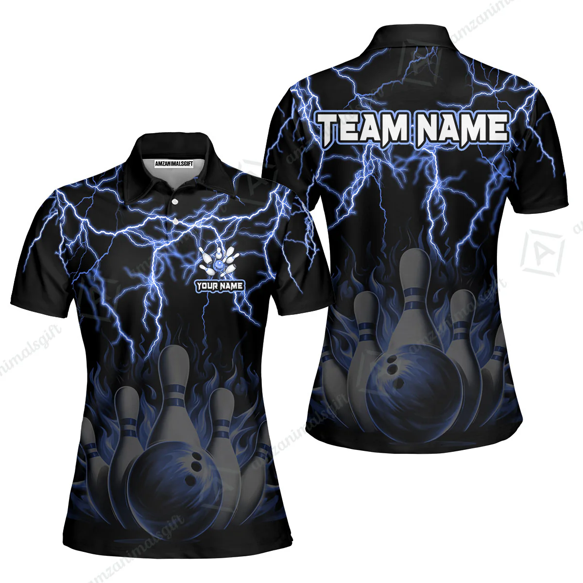 Customized Bowling Polo, Bowling & Pins Flame Thunder Pattern Multicolor Option Customized Name, Team Name Polo Shirt For Bowling Team - Image 10