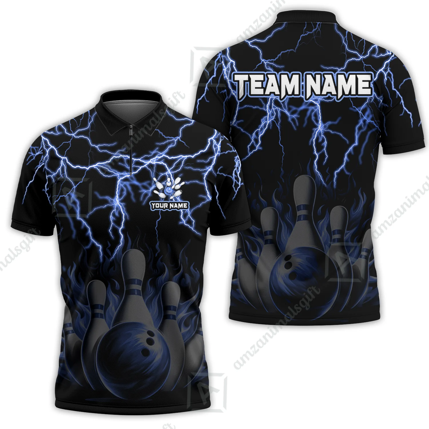 Customized Bowling Polo, Bowling & Pins Flame Thunder Pattern Multicolor Option Customized Name, Team Name Polo Shirt For Bowling Team - Image 11