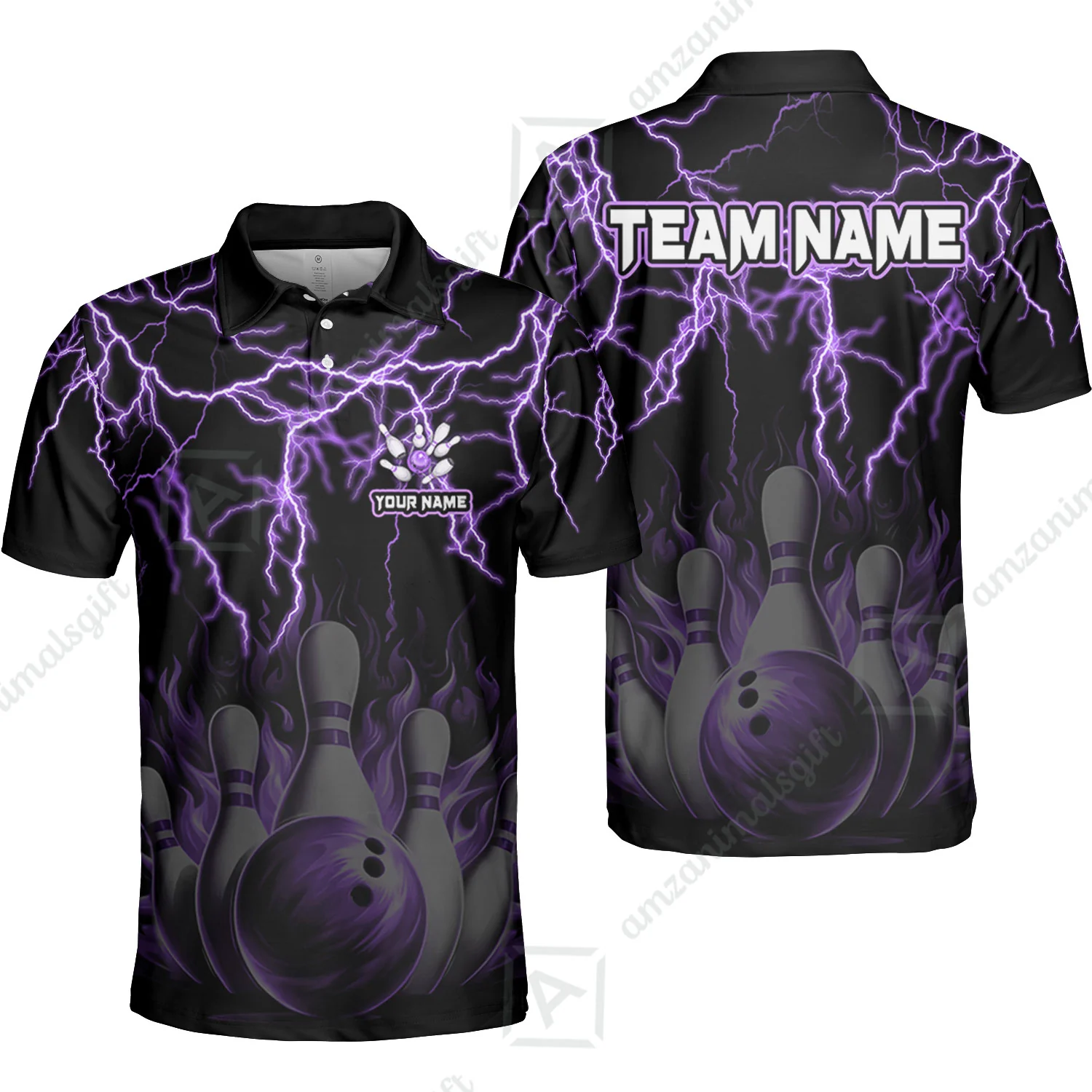Customized Bowling Polo, Bowling & Pins Flame Thunder Pattern Multicolor Option Customized Name, Team Name Polo Shirt For Bowling Team - Image 12