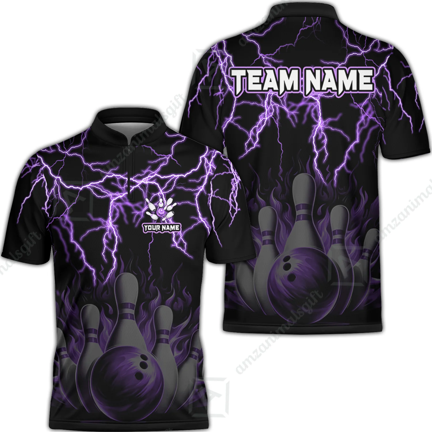 Customized Bowling Polo, Bowling & Pins Flame Thunder Pattern Multicolor Option Customized Name, Team Name Polo Shirt For Bowling Team - Image 13